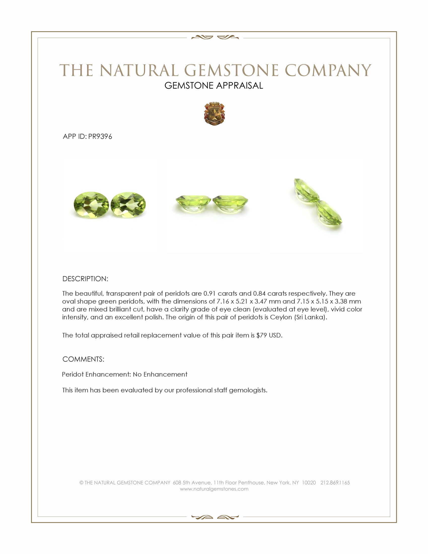 1.75 Ct.Tw. Green Peridot Pair from Ceylon (Sri Lanka)