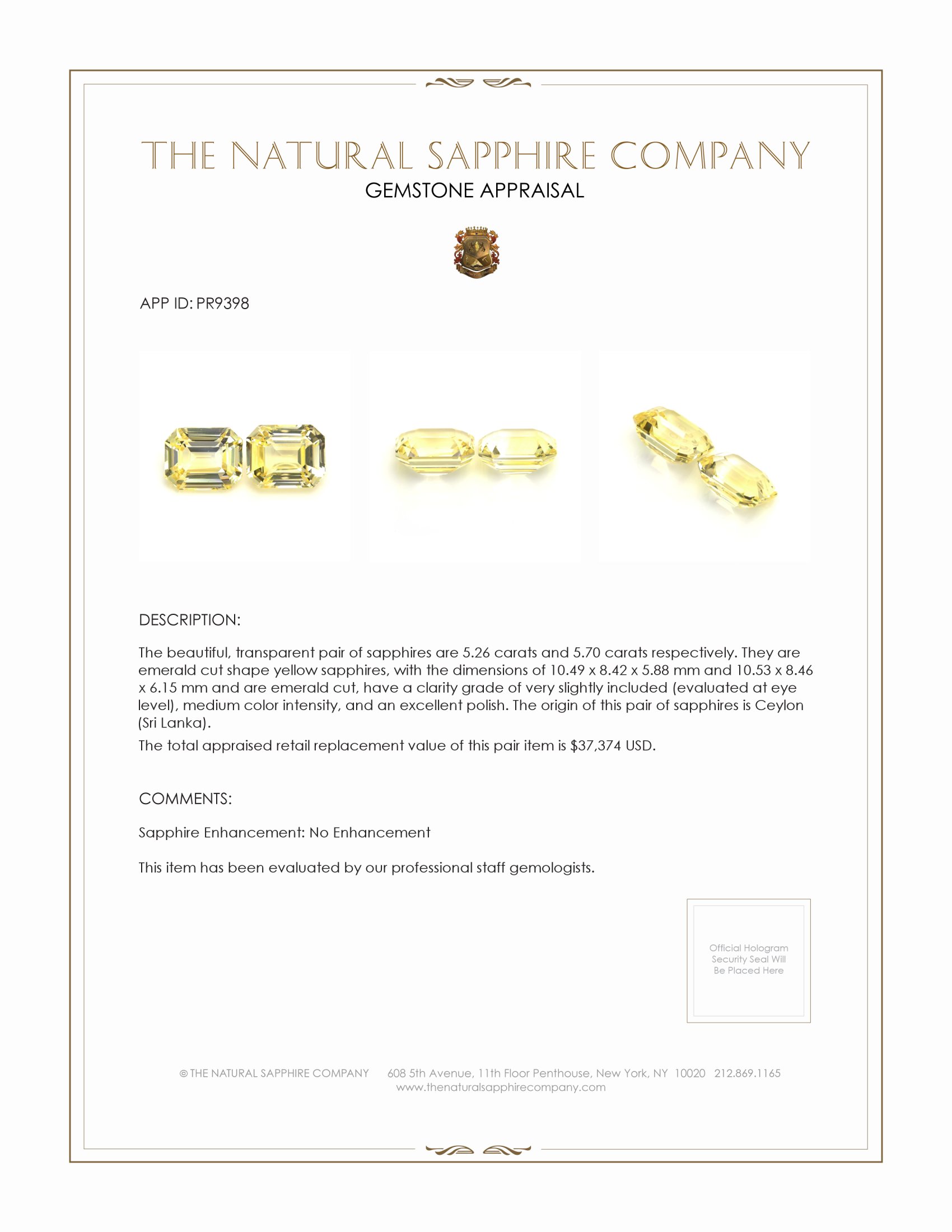 10.96 Ct.Tw. Yellow Sapphire Pair from Ceylon (Sri Lanka)