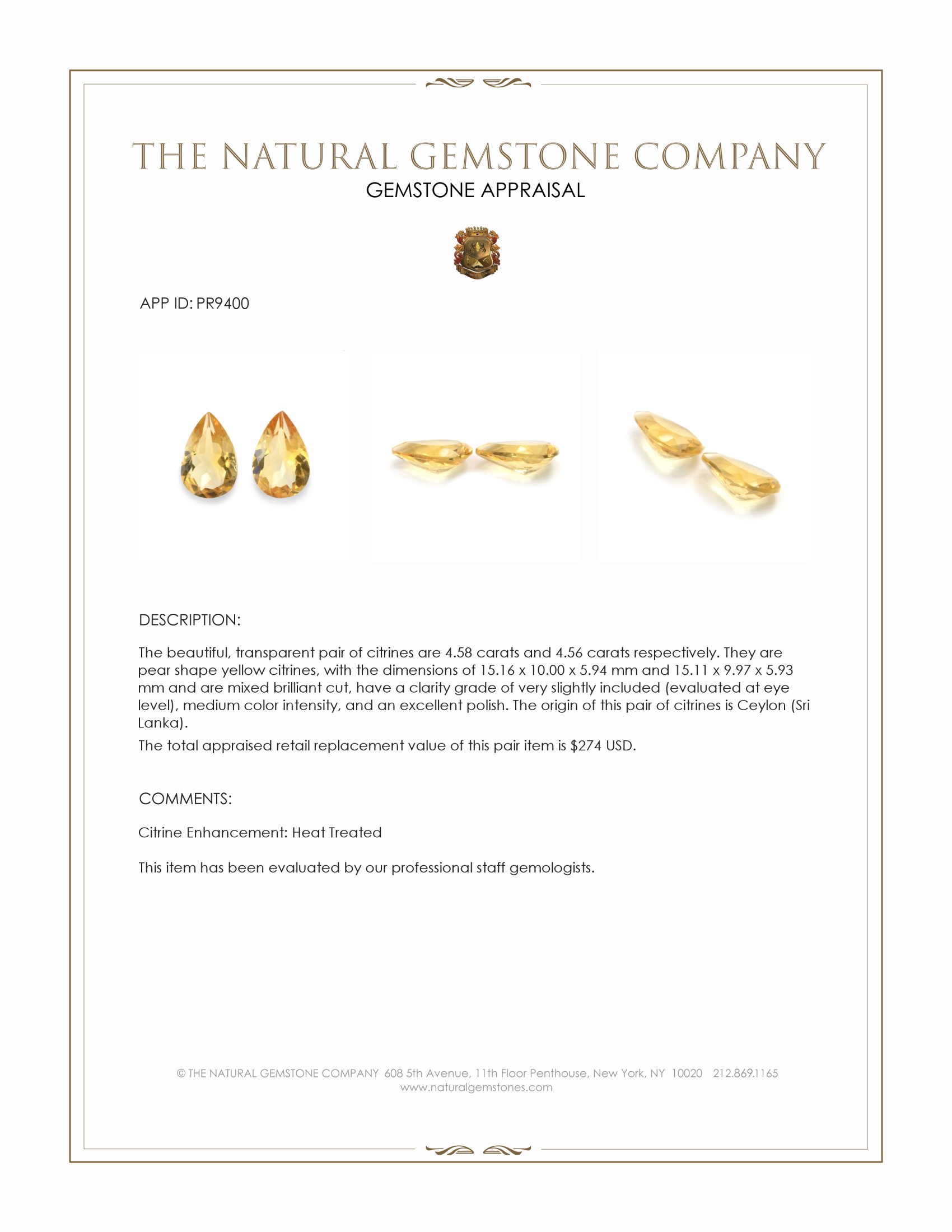 9.14 Ct.Tw. Yellow Citrine Pair from Ceylon (Sri Lanka)