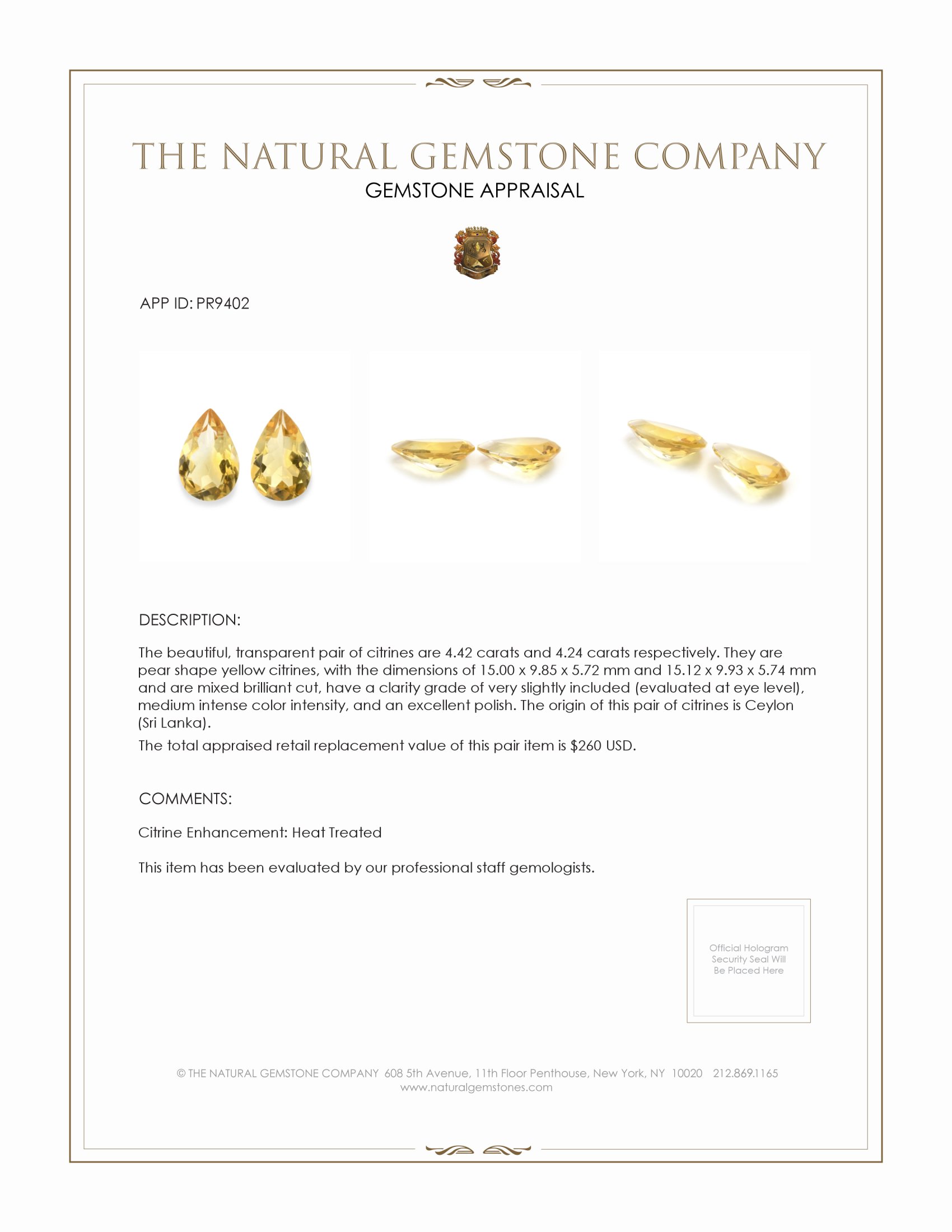 8.66 Ct.Tw. Yellow Citrine Pair from Ceylon (Sri Lanka)