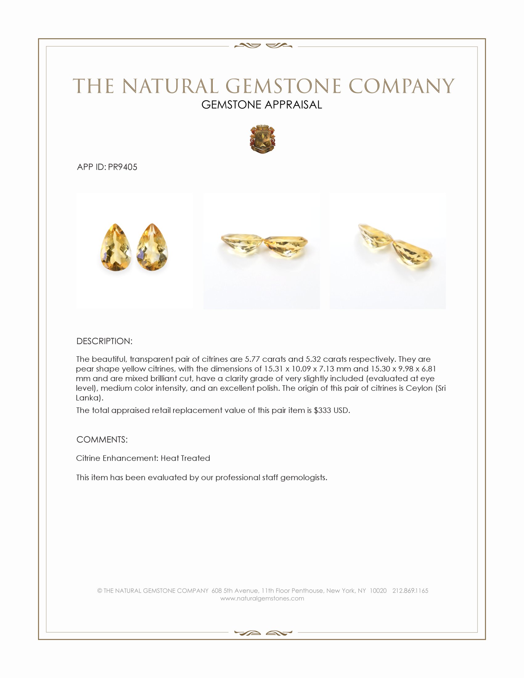 11.09 Ct.Tw. Yellow Citrine Pair from Ceylon (Sri Lanka)