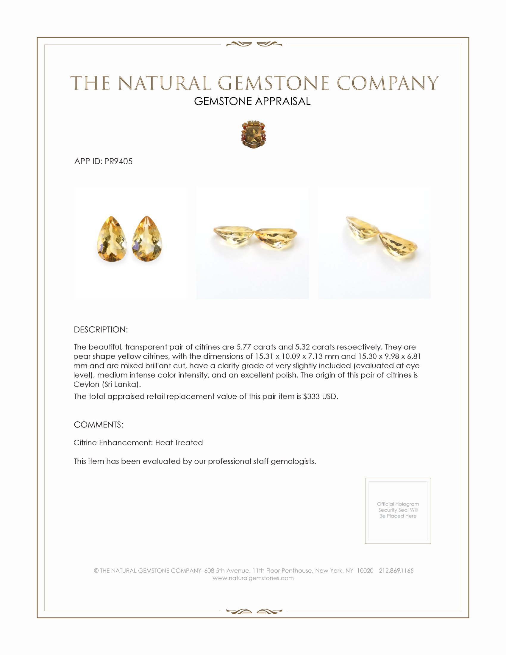 11.09 Ct.Tw. Citrine Pair from Ceylon (Sri Lanka)