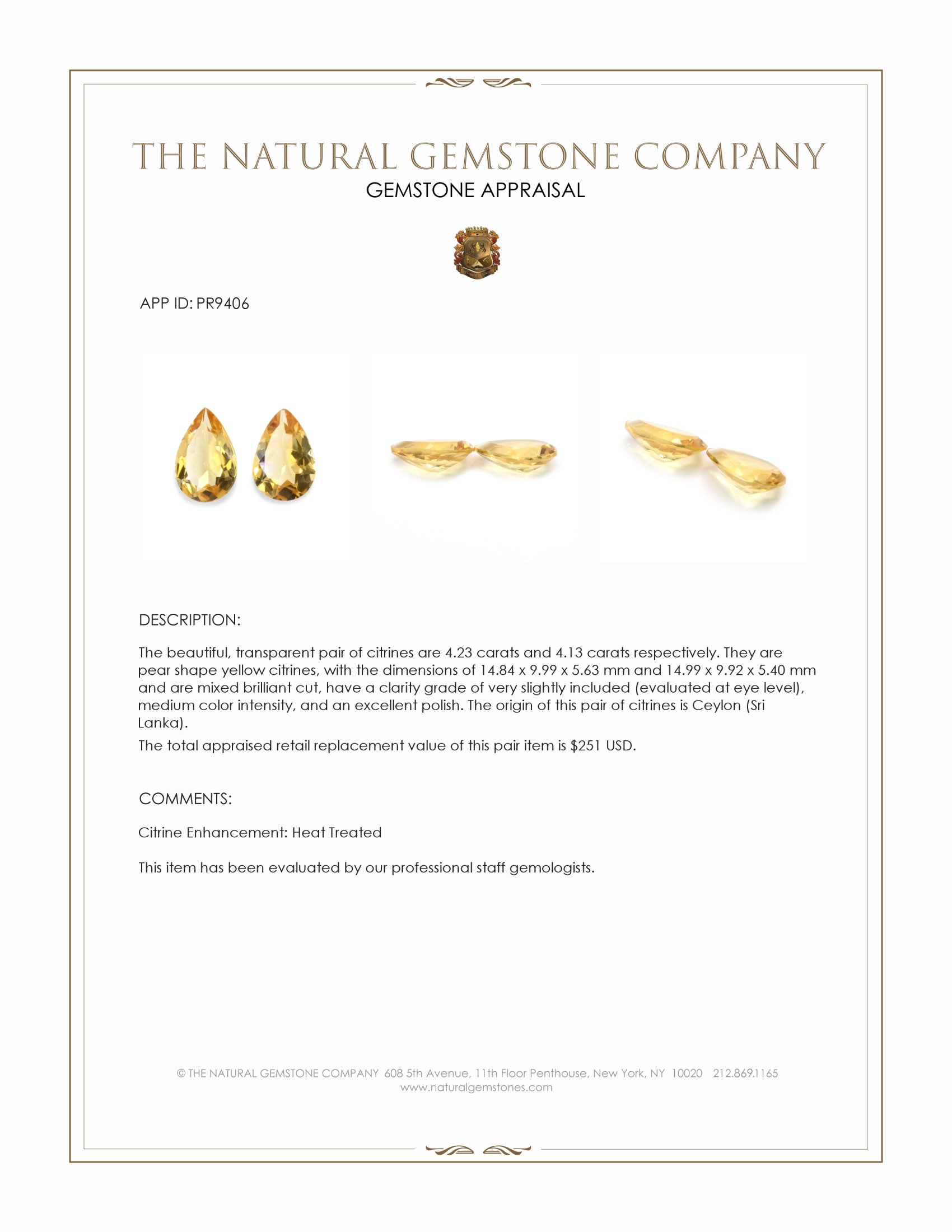 8.36 Ct.Tw. Yellow Citrine Pair from Ceylon (Sri Lanka)