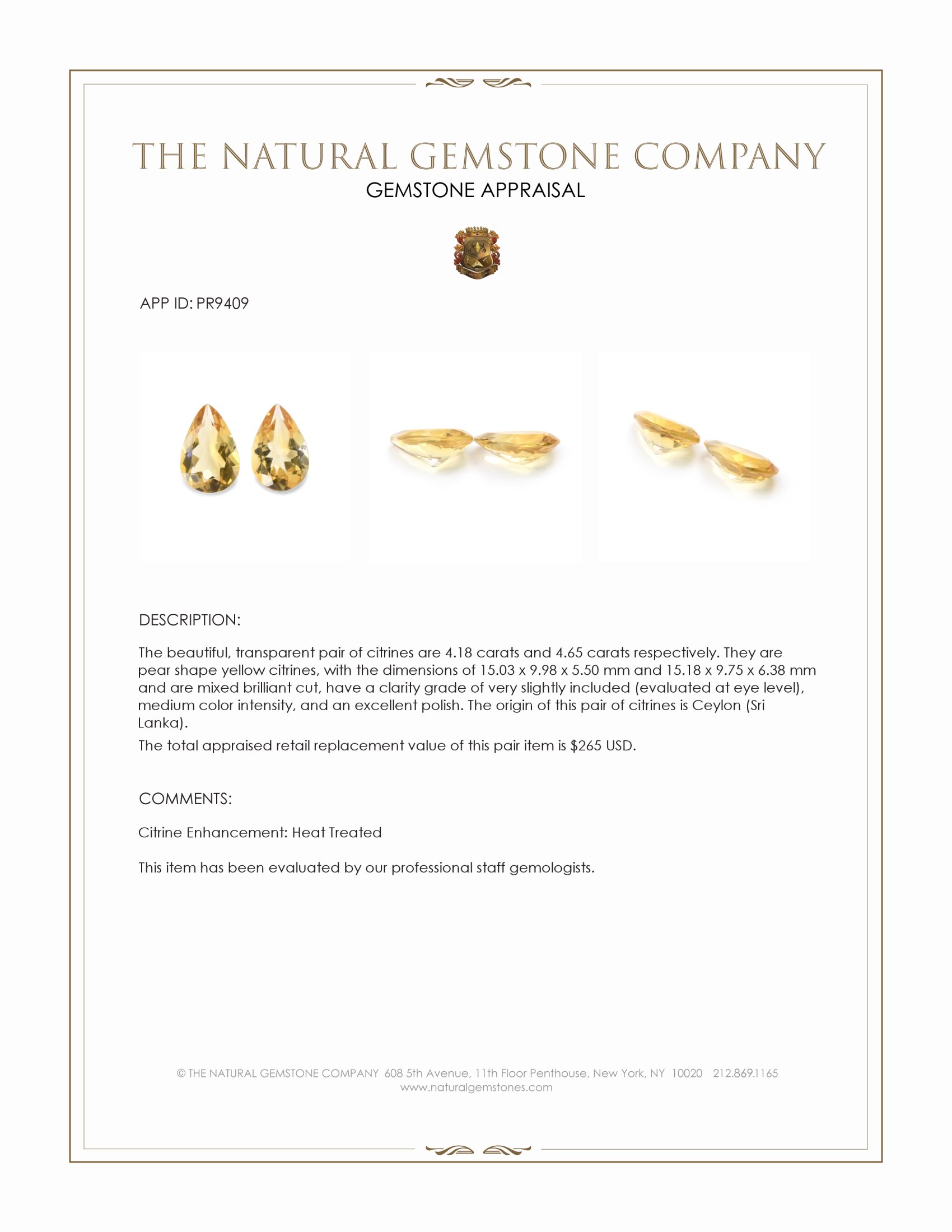 8.83 Ct.Tw. Yellow Citrine Pair from Ceylon (Sri Lanka)