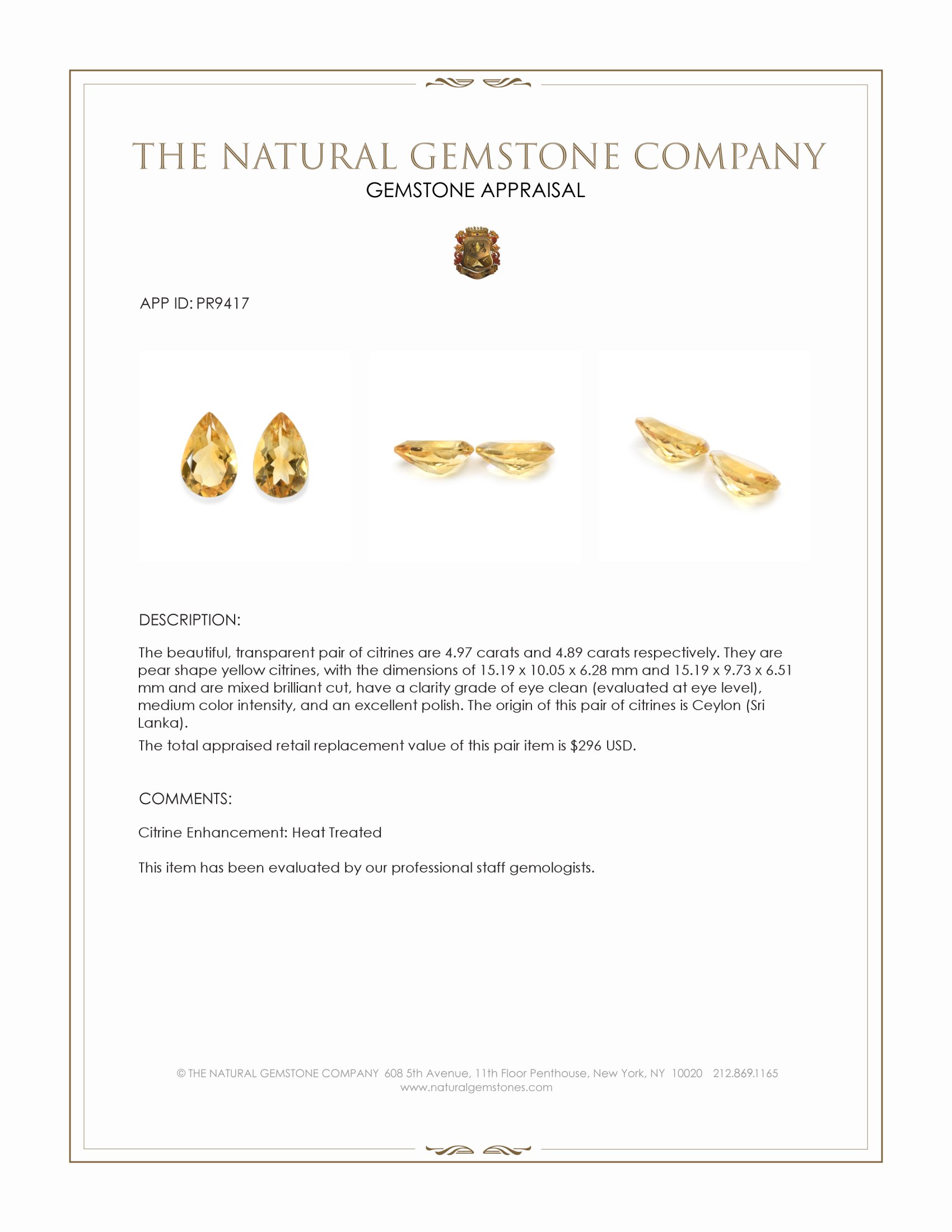 9.86 Ct.Tw. Yellow Citrine Pair from Ceylon (Sri Lanka)