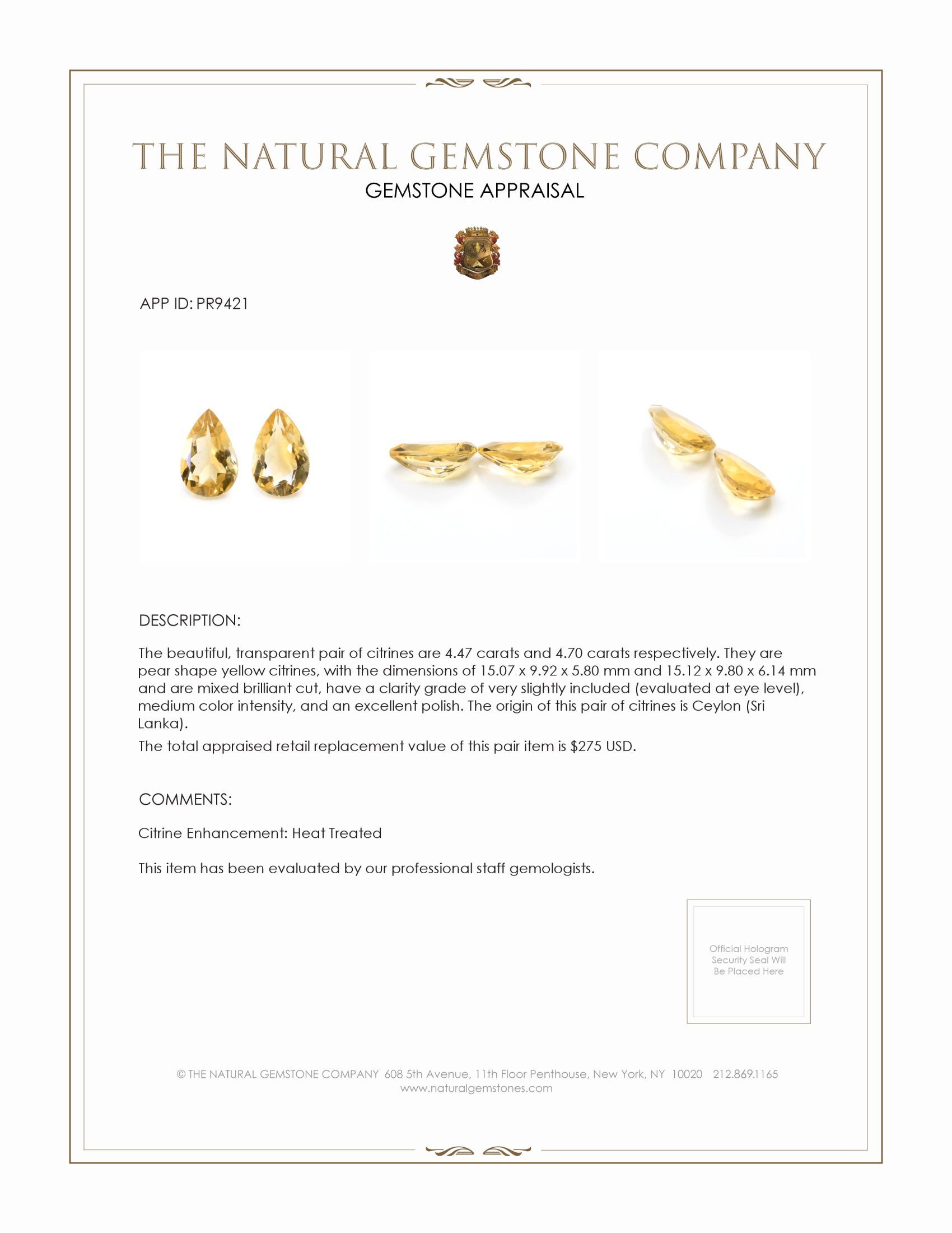 9.17 Ct.Tw. Yellow Citrine Pair from Ceylon (Sri Lanka)