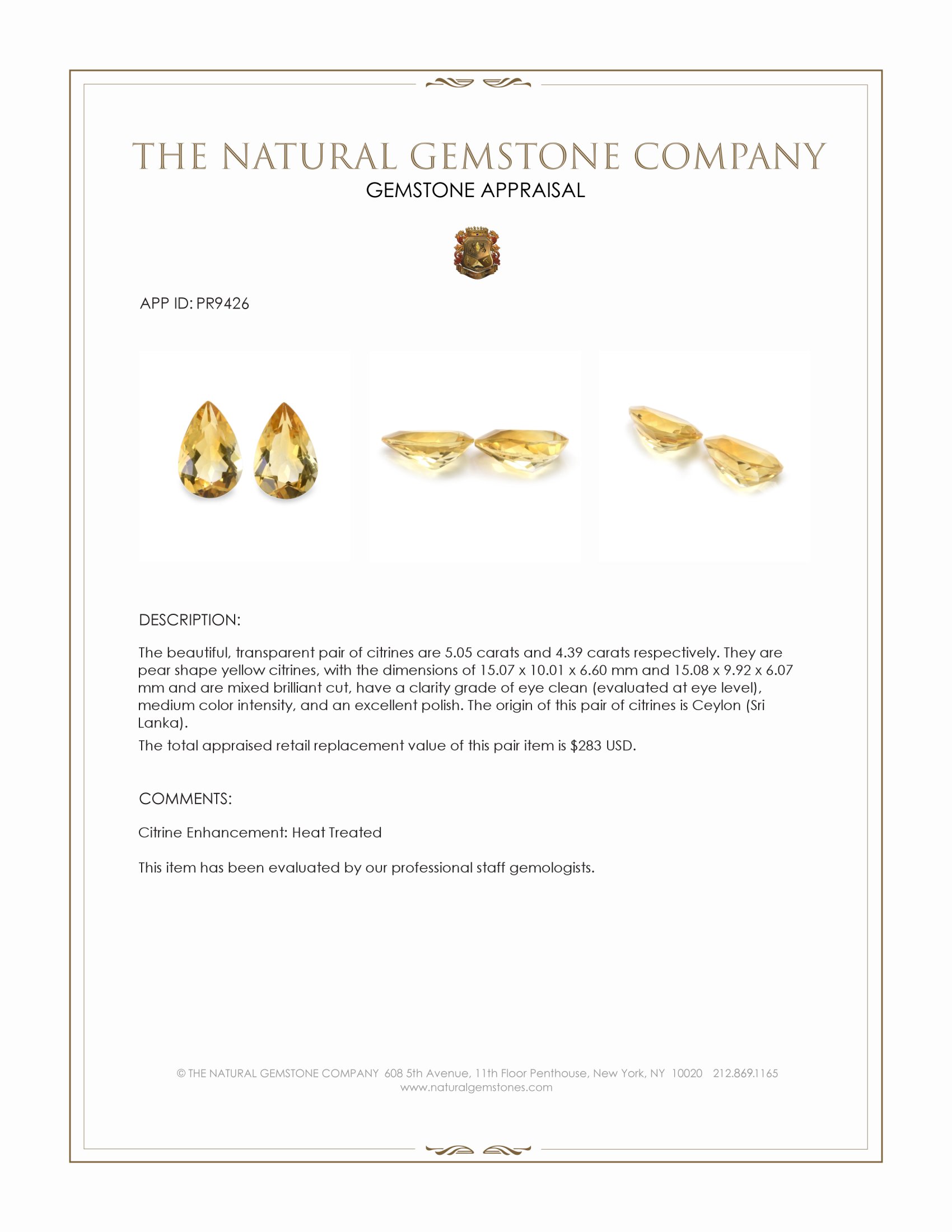 9.44 Ct.Tw. Yellow Citrine Pair from Ceylon (Sri Lanka)