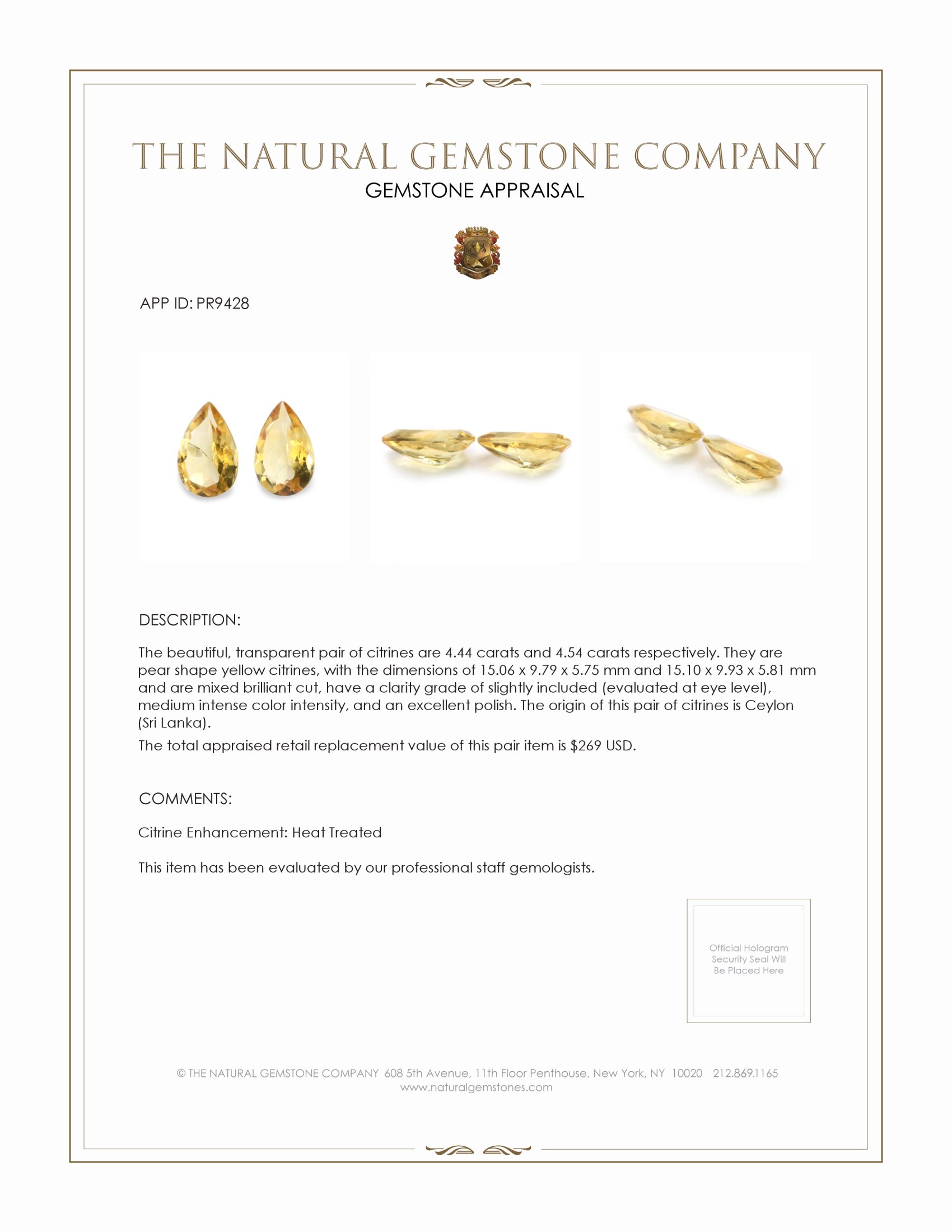 8.98 Ct.Tw. Yellow Citrine Pair from Ceylon (Sri Lanka)