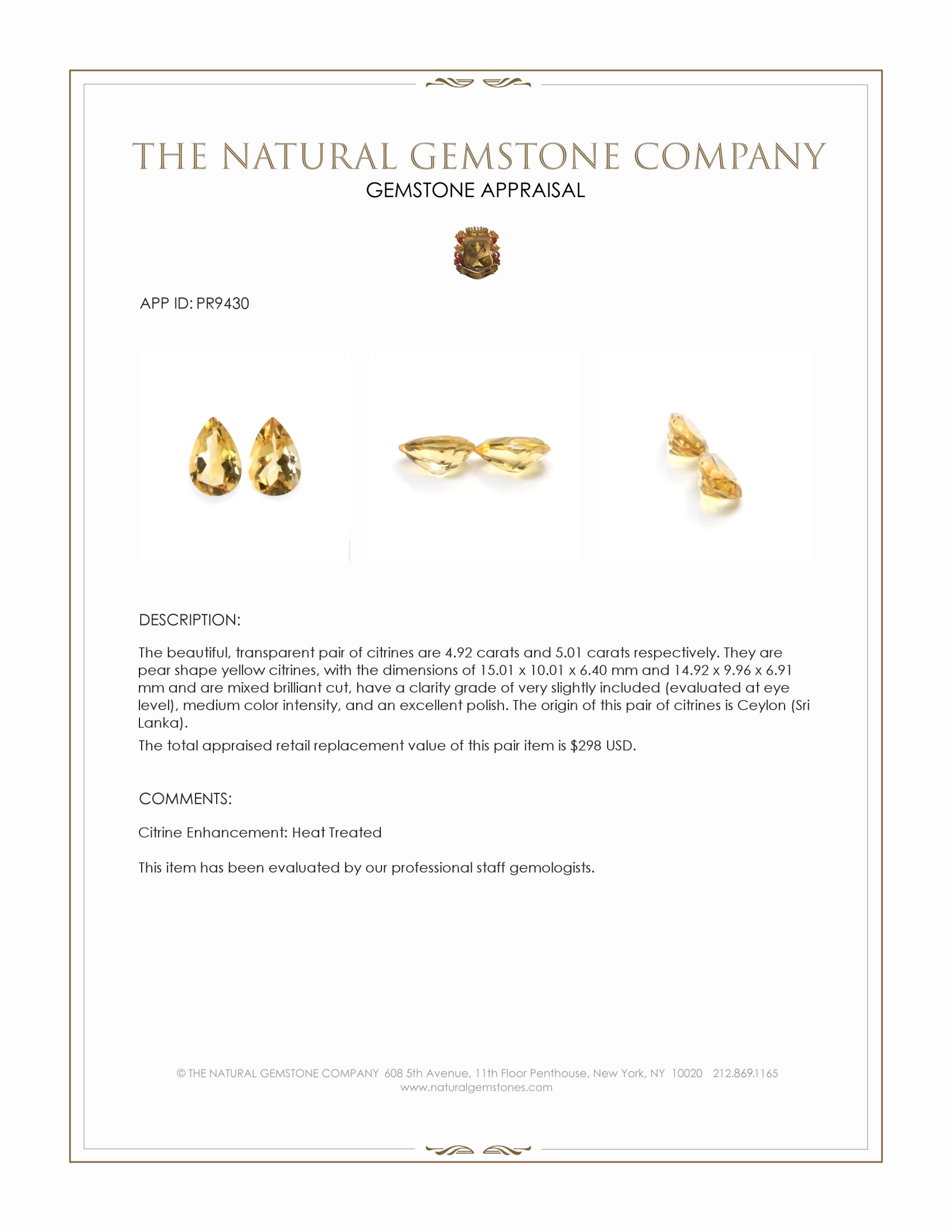 9.93 Ct.Tw. Yellow Citrine Pair from Ceylon (Sri Lanka)
