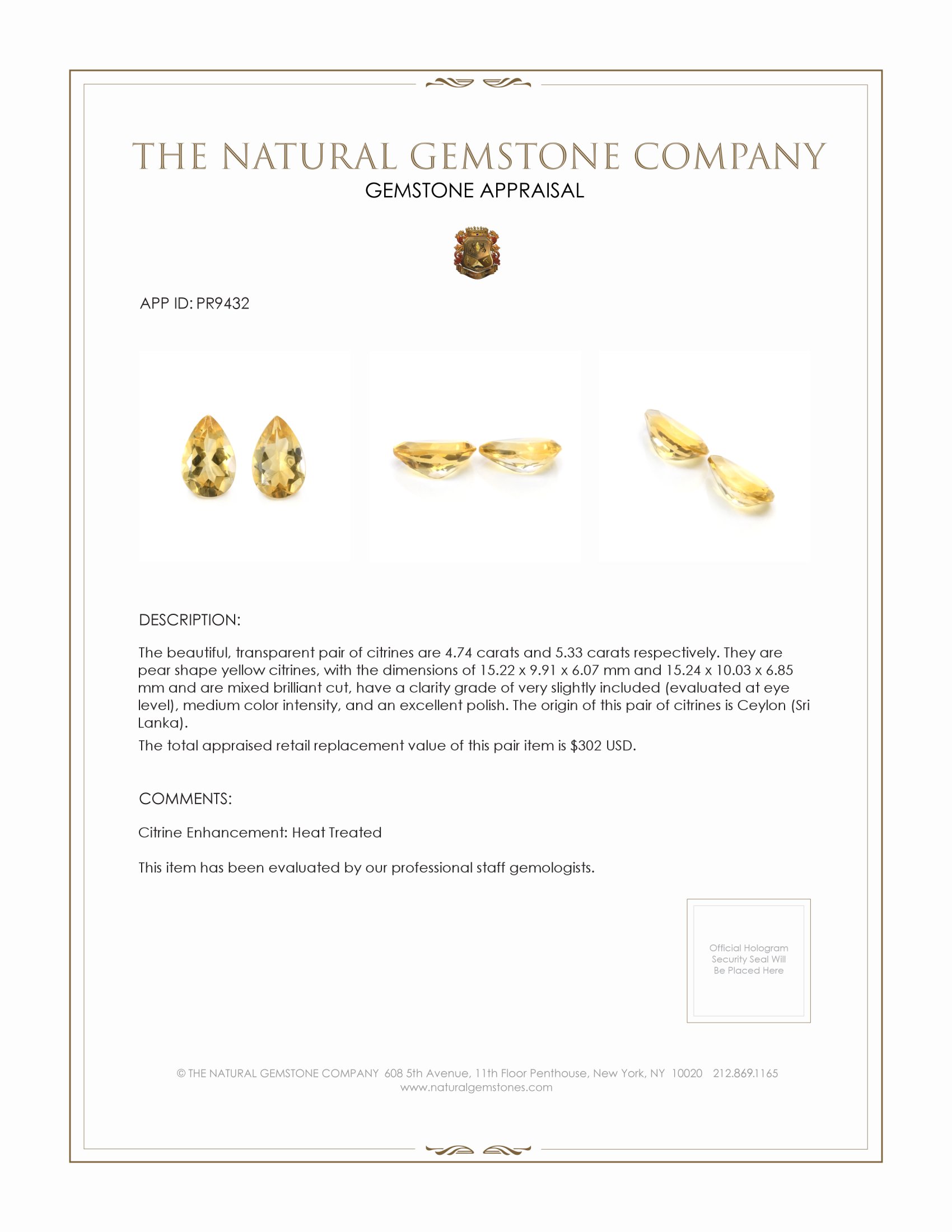 10.07 Ct.Tw. Citrine Pair from Ceylon (Sri Lanka)