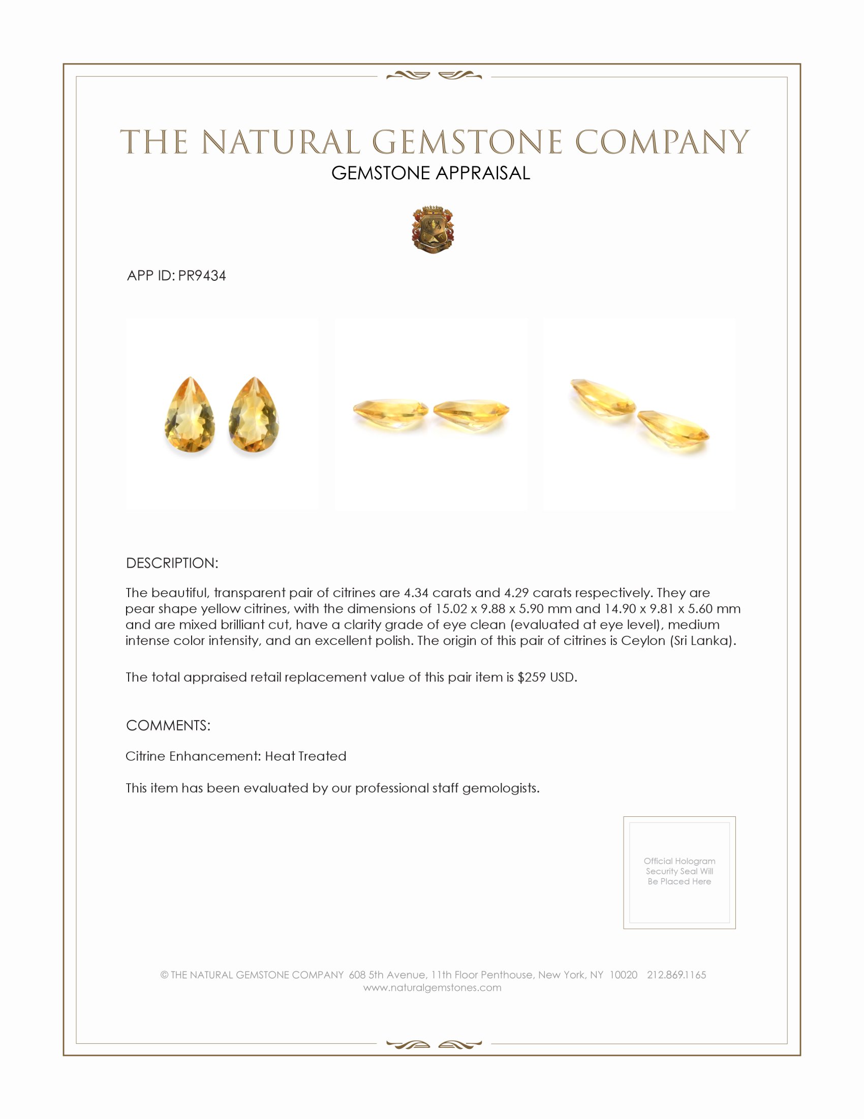 8.63 Ct.Tw. Yellow Citrine Pair from Ceylon (Sri Lanka)