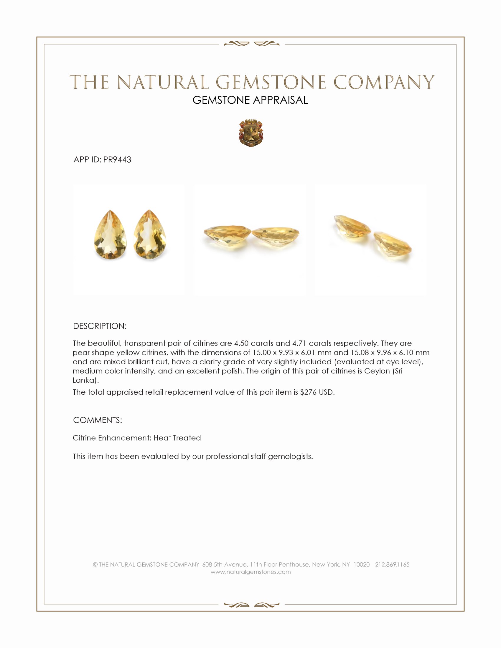 9.21 Ct.Tw. Yellow Citrine Pair from Ceylon (Sri Lanka)