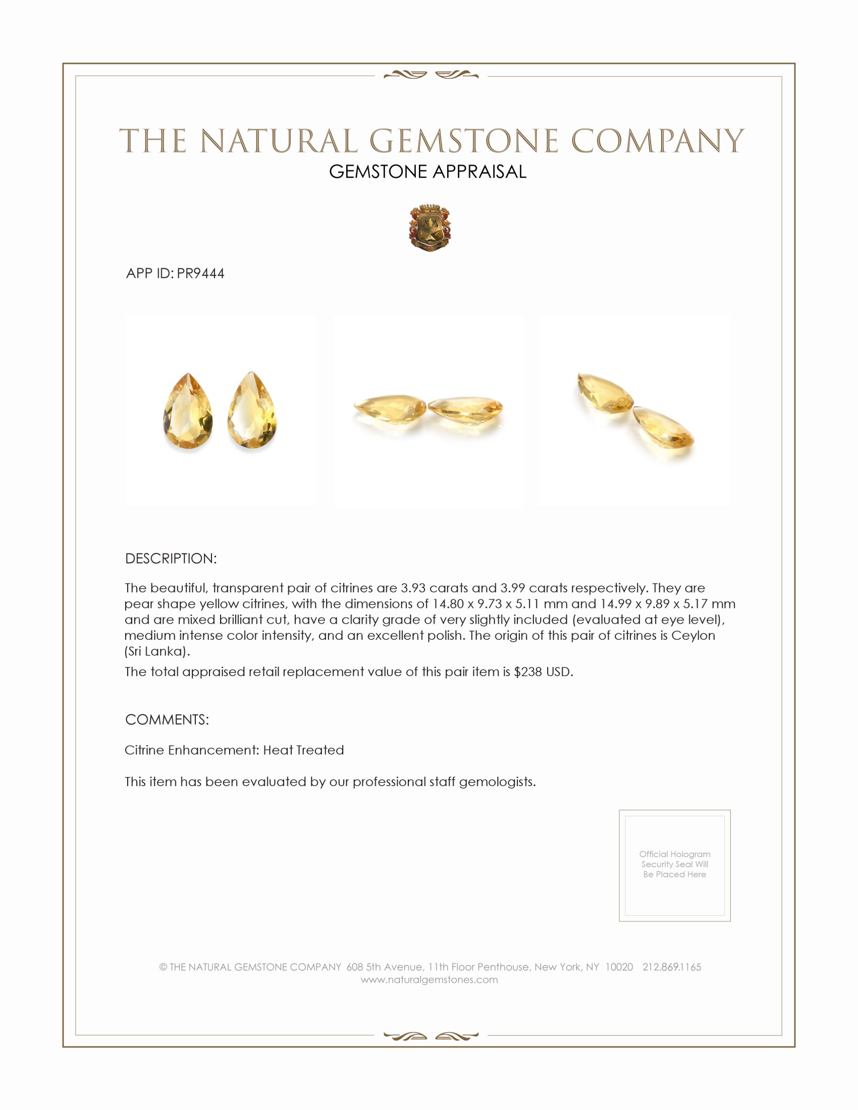 7.92 Ct.Tw. Yellow Citrine Pair from Ceylon (Sri Lanka)