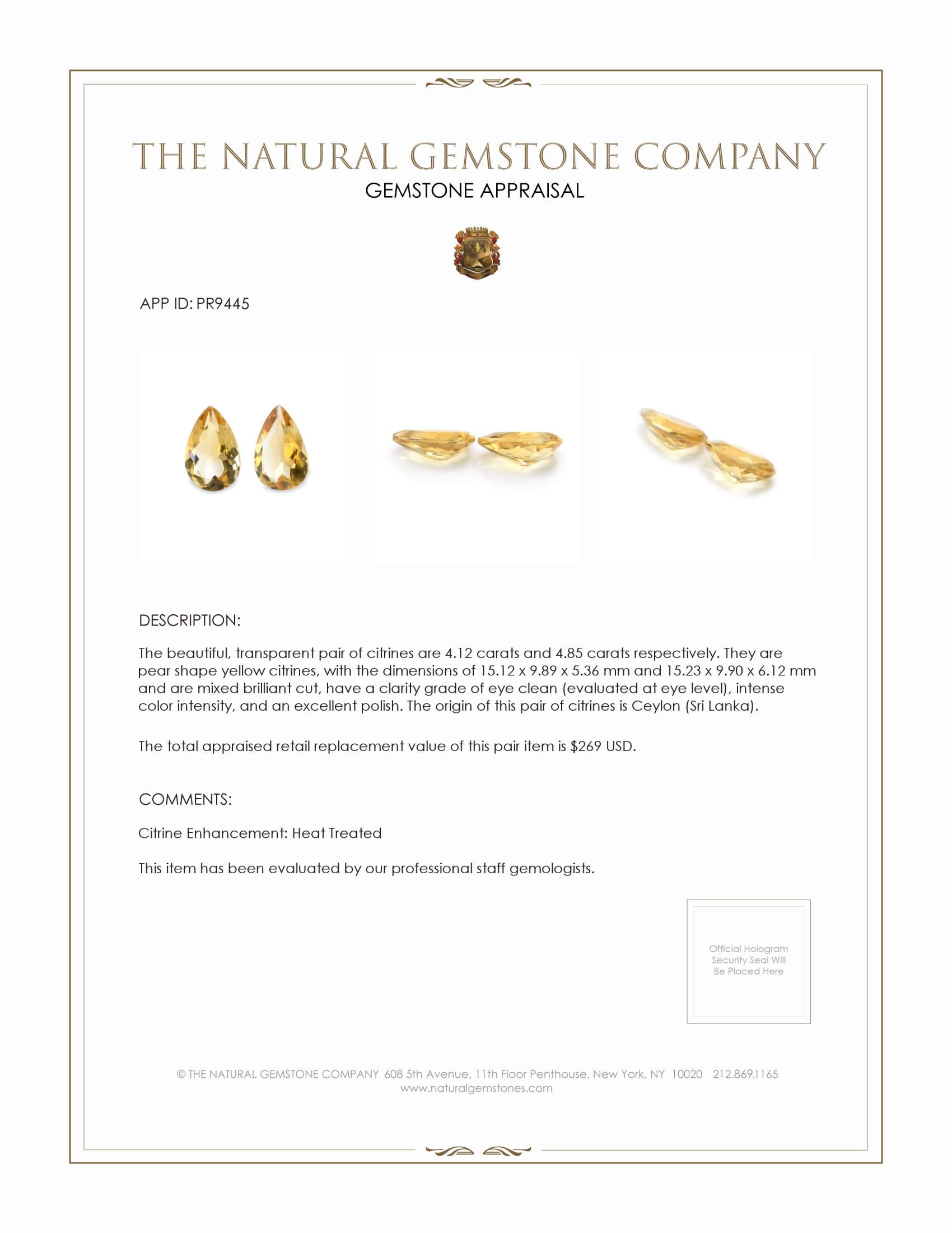 8.97 Ct.Tw. Yellow Citrine Pair from Ceylon (Sri Lanka)