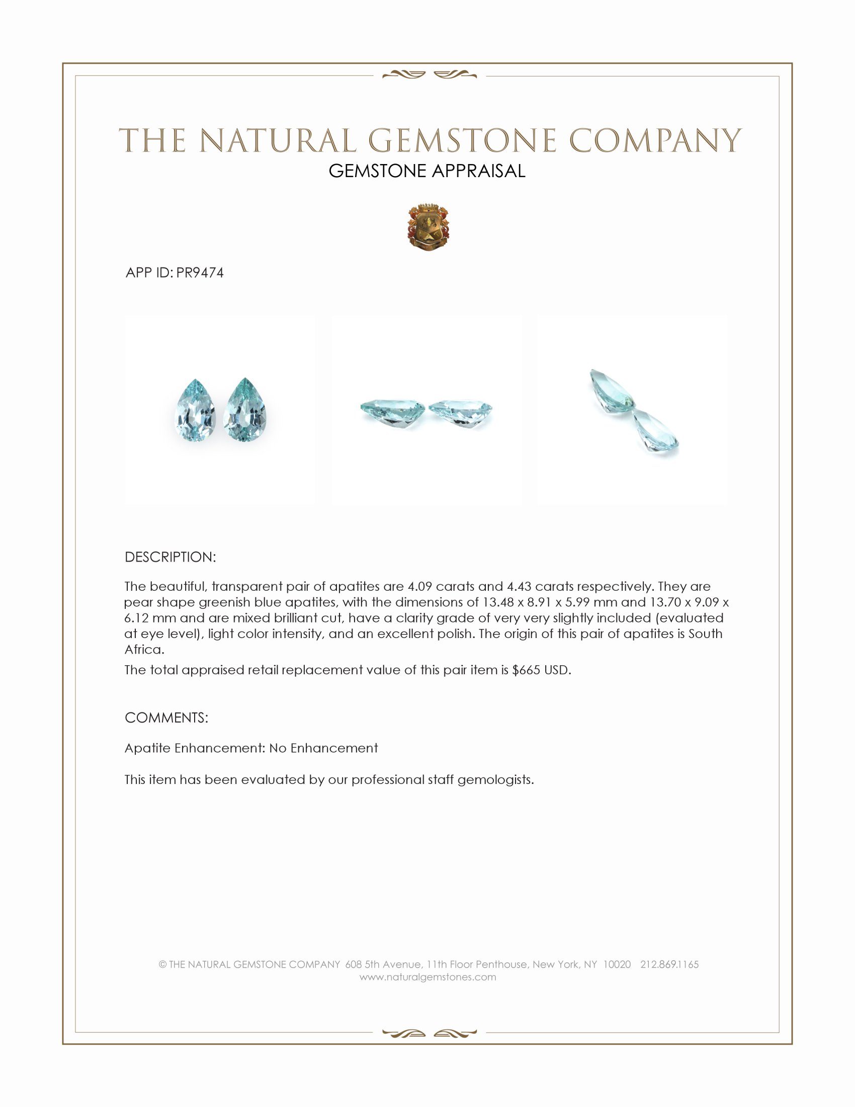 8.52 Ct.Tw. Greenish Blue Apatite Pair from South Africa