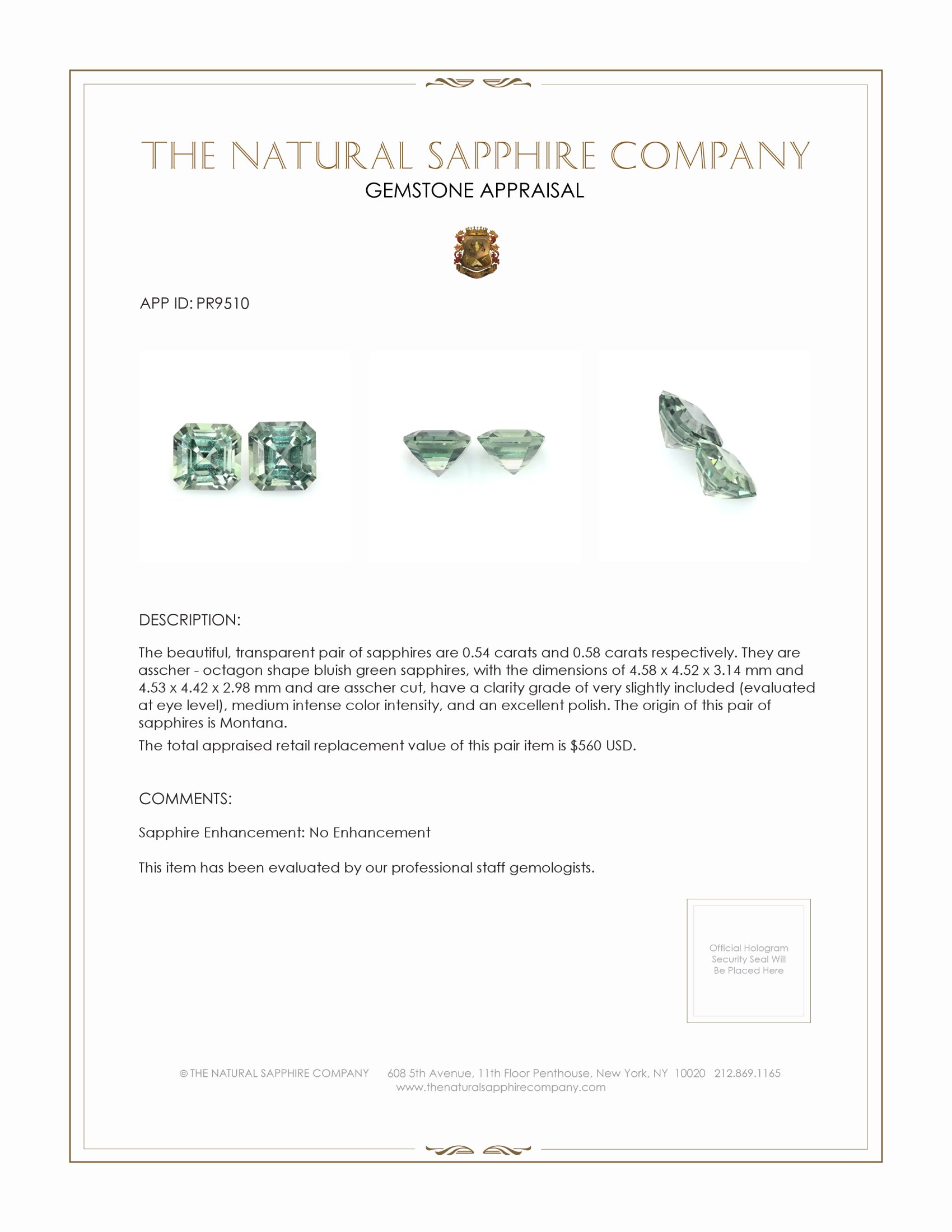 1.12 Ct.Tw. Bluish Green Sapphire Pair from Montana