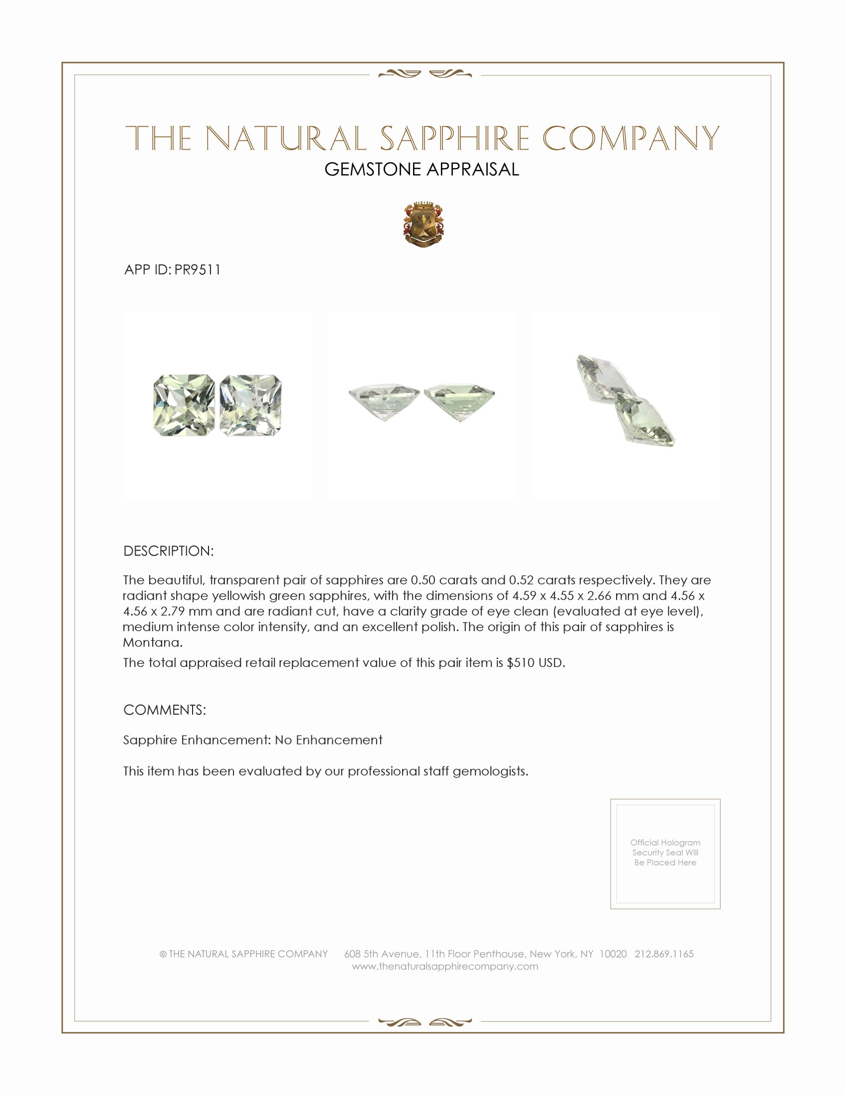 1.02 Ct.Tw. Yellowish Green Sapphire Pair from Montana