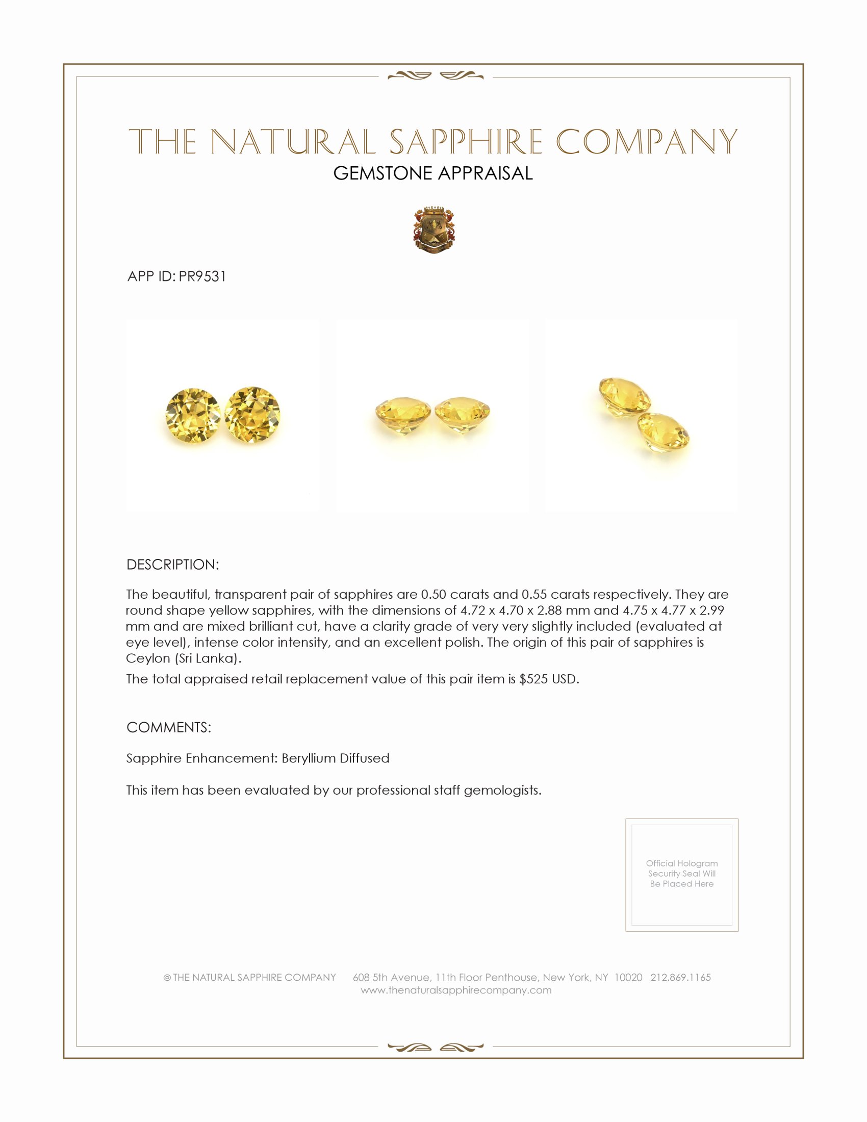 1.05 Ct.Tw. Yellow Sapphire Pair from Ceylon (Sri Lanka)