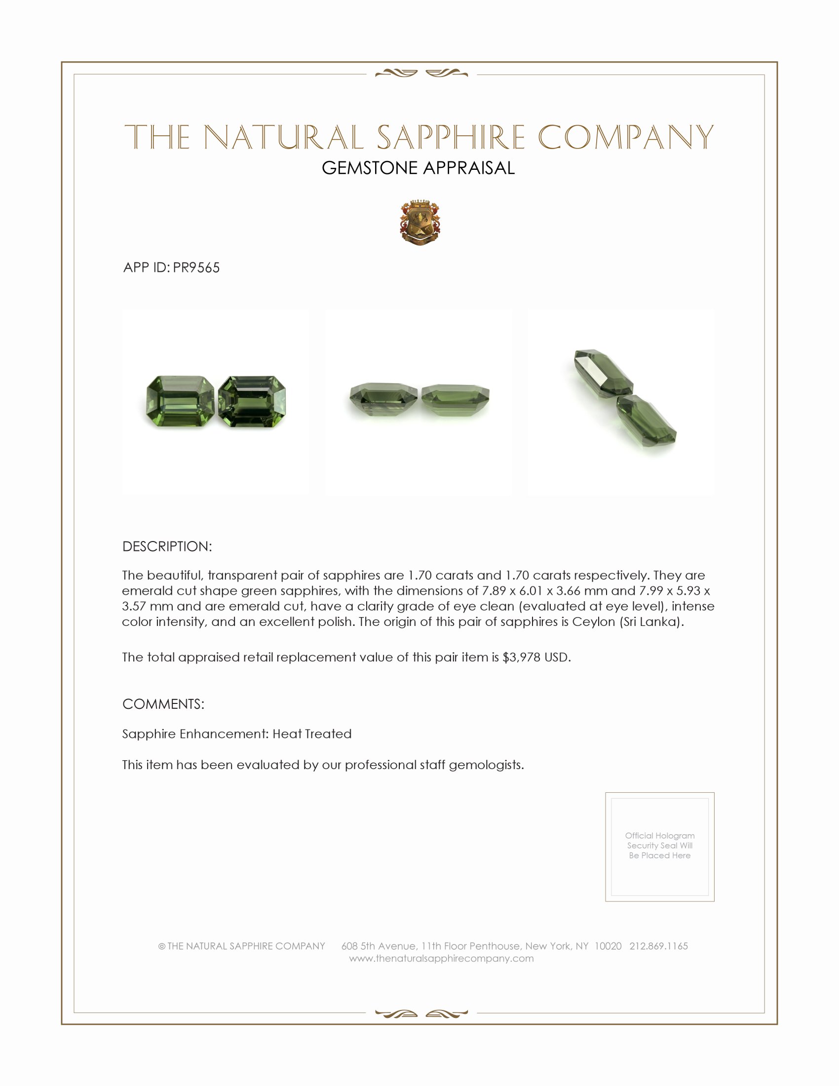 3.40 Ct.Tw. Green Sapphire Pair from Ceylon (Sri Lanka)