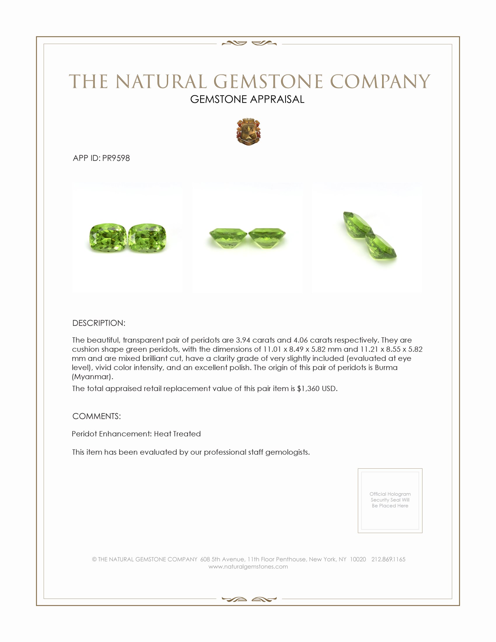 8.00 Ct.Tw. Green Peridot Pair from Burma (Myanmar)