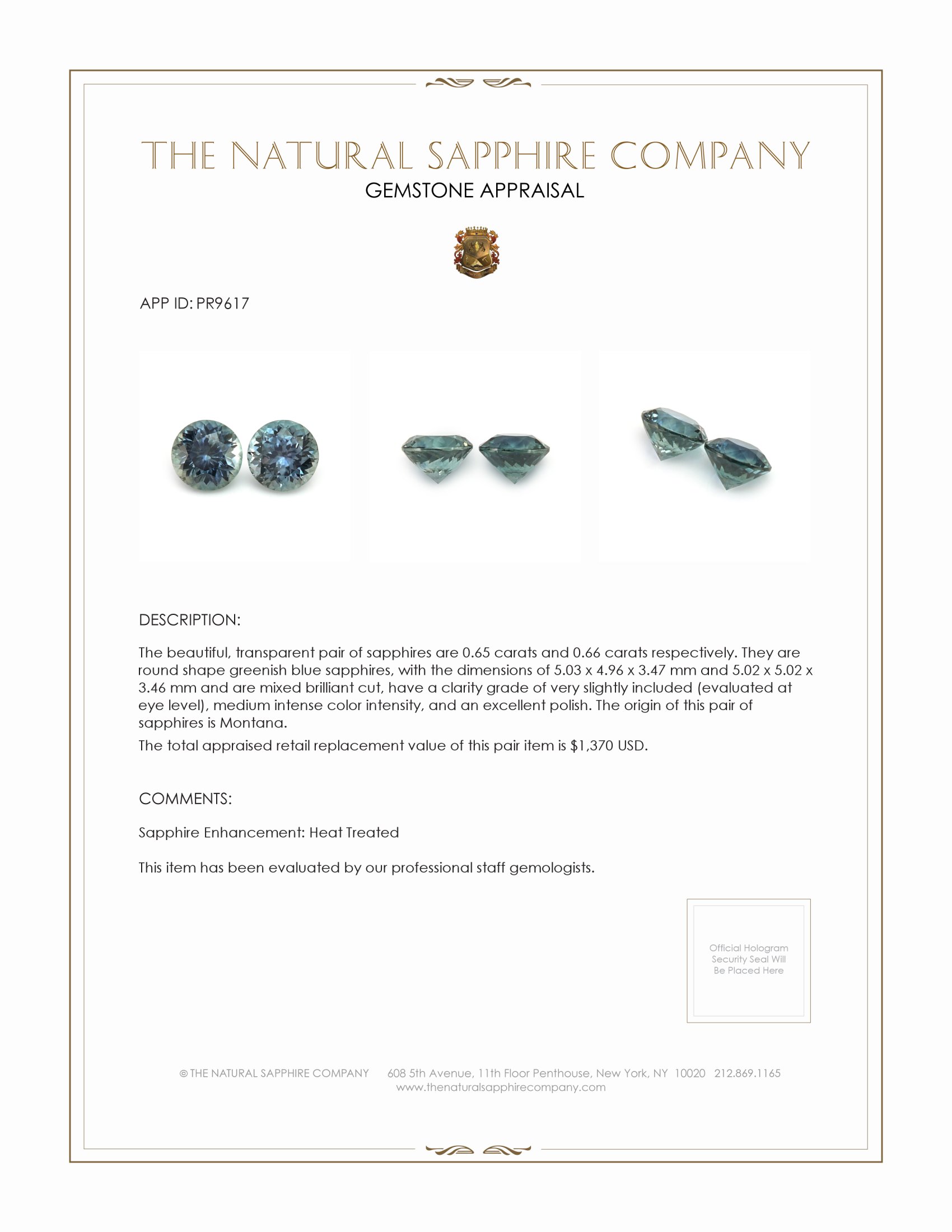 1.31 Ct.Tw. Greenish Blue Sapphire Pair from Montana