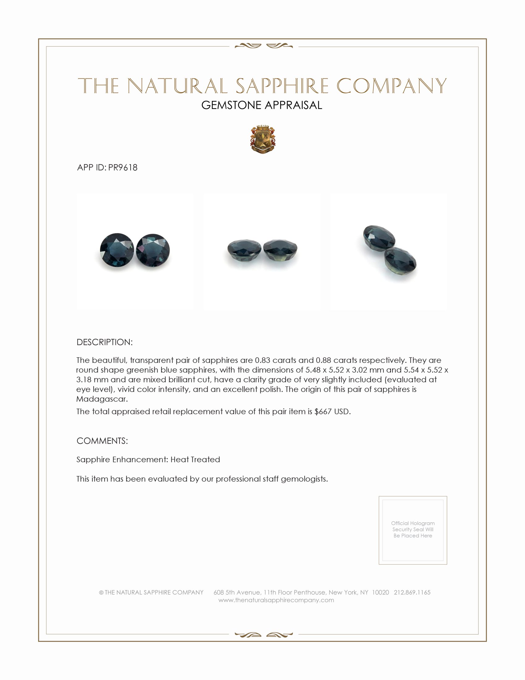 1.71 Ct.Tw. Greenish Blue Sapphire Pair from Madagascar