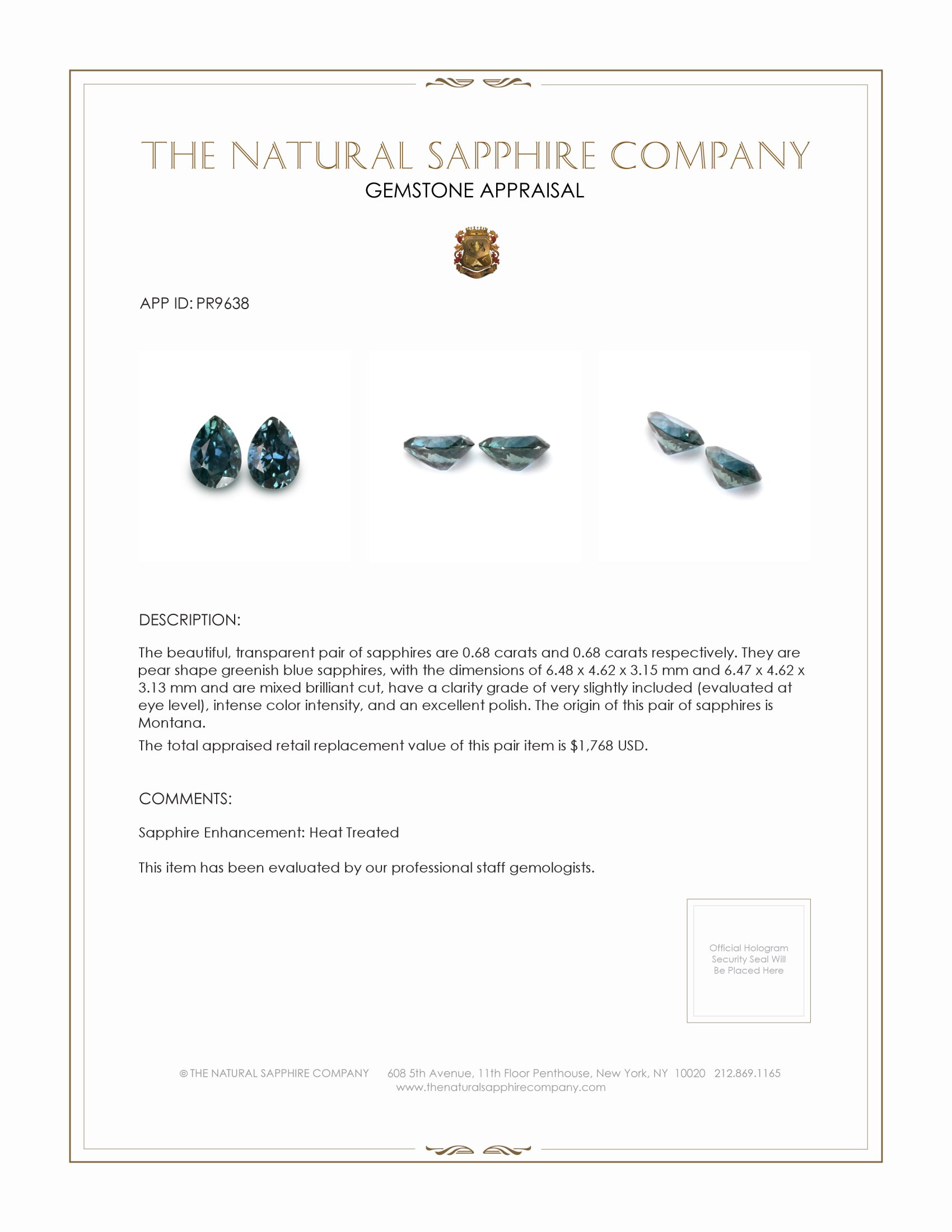 1.36 Ct.Tw. Greenish Blue Sapphire Pair from Montana