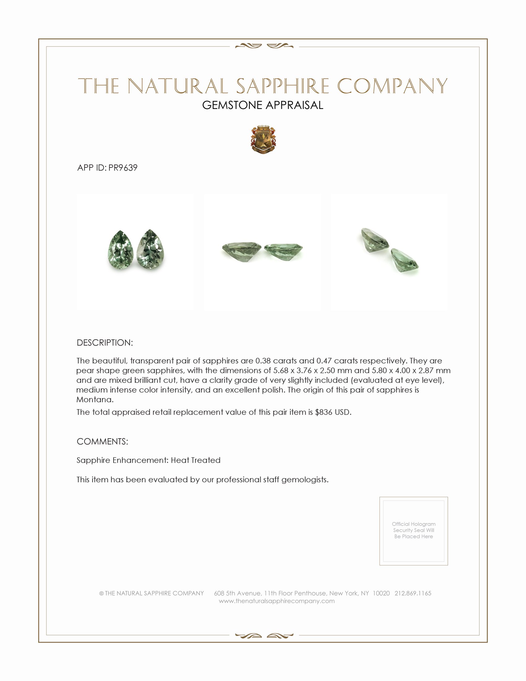 0.85 Ct.Tw. Green Sapphire Pair from Montana