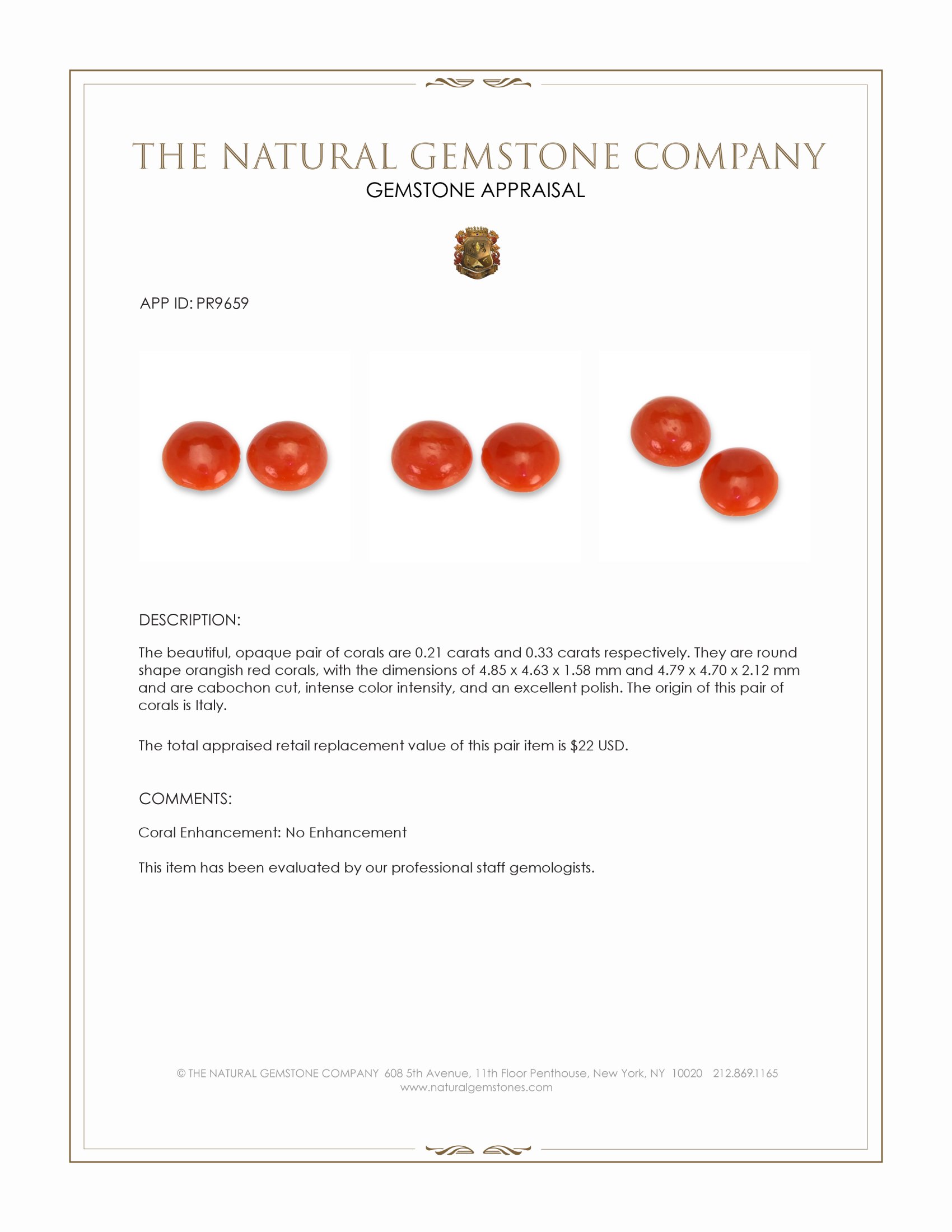 0.54 Ct.Tw. Cabochon Coral Pair from Italy