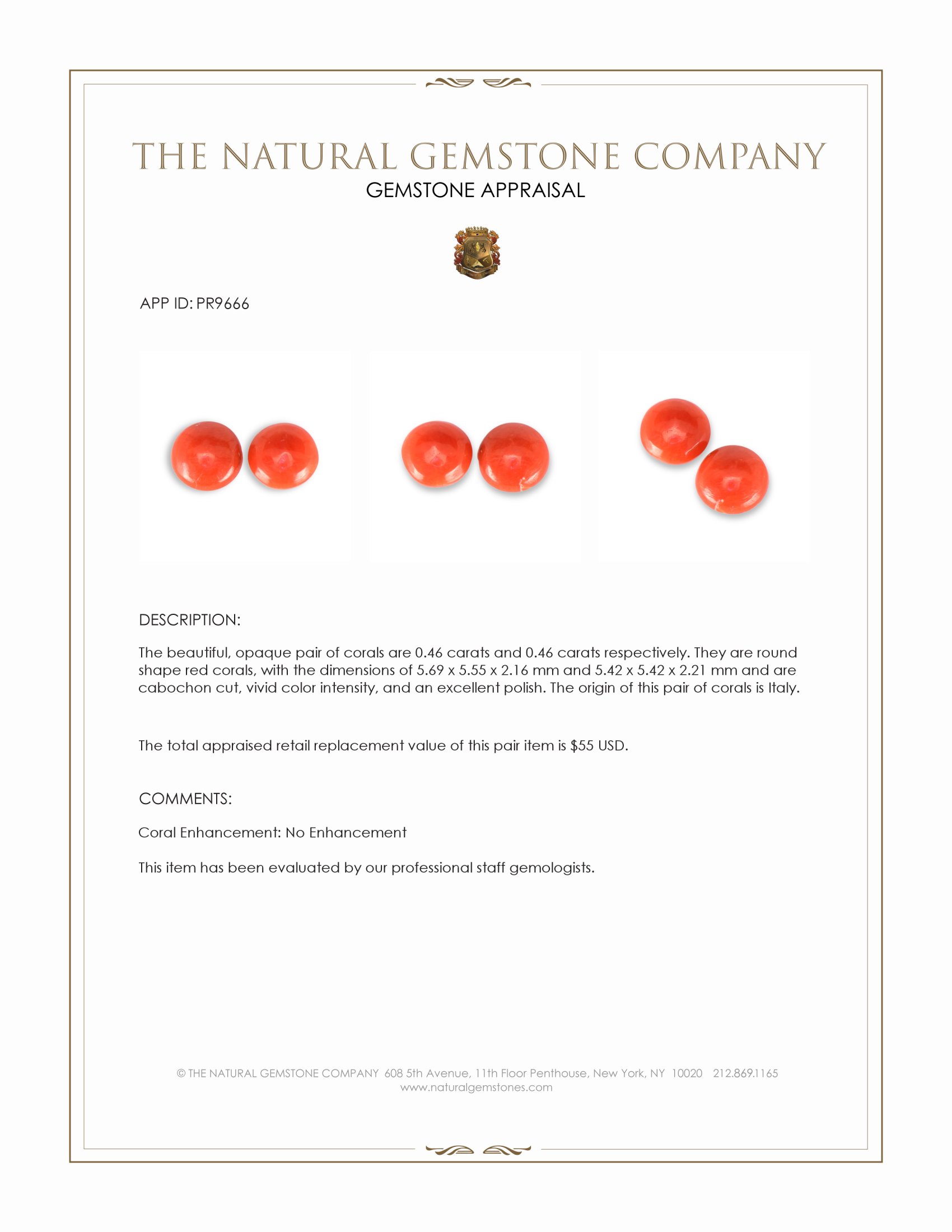 0.92 Ct.Tw. Salmon (Orange) Cabochon Coral Pair from Italy