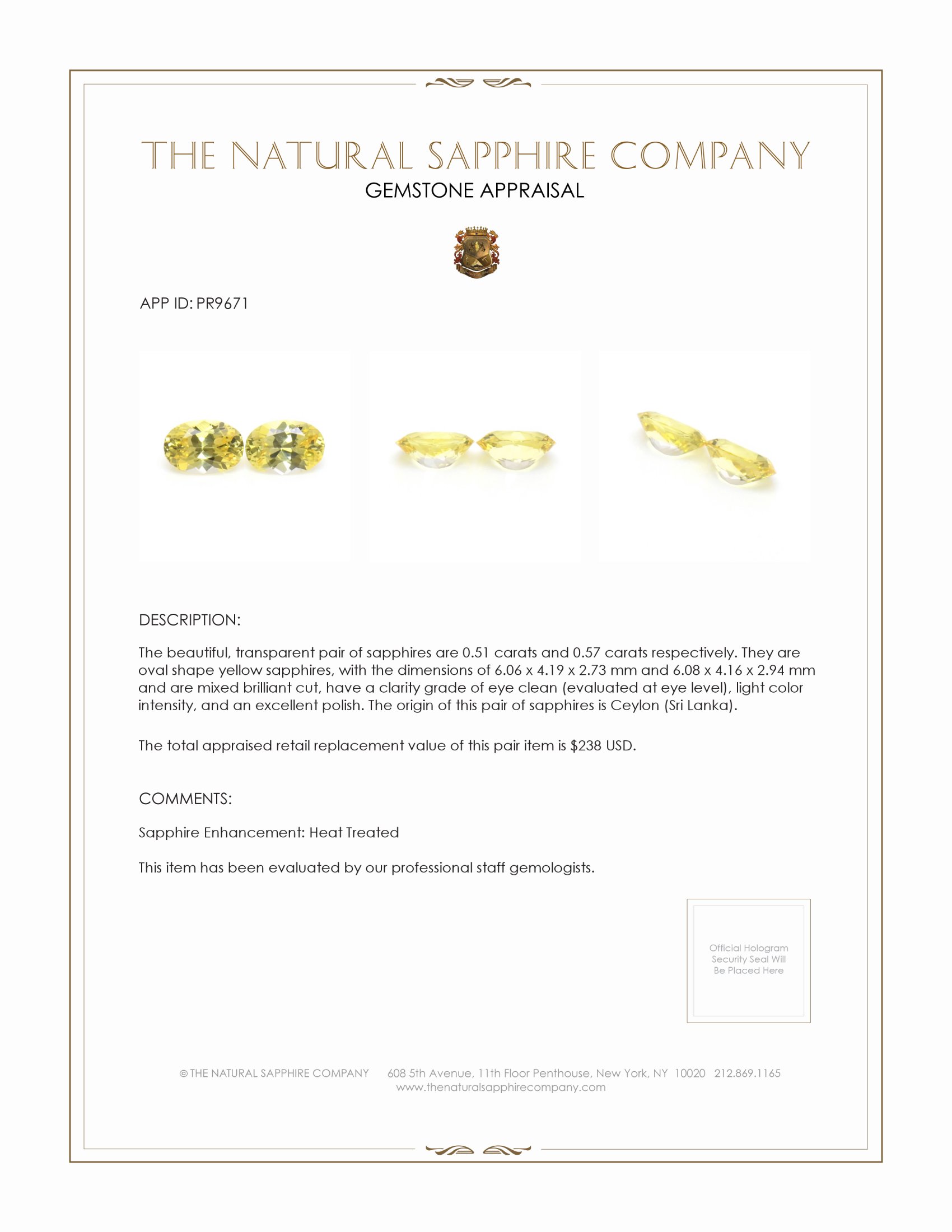 1.08 Ct.Tw. Yellow Sapphire Pair from Ceylon (Sri Lanka)