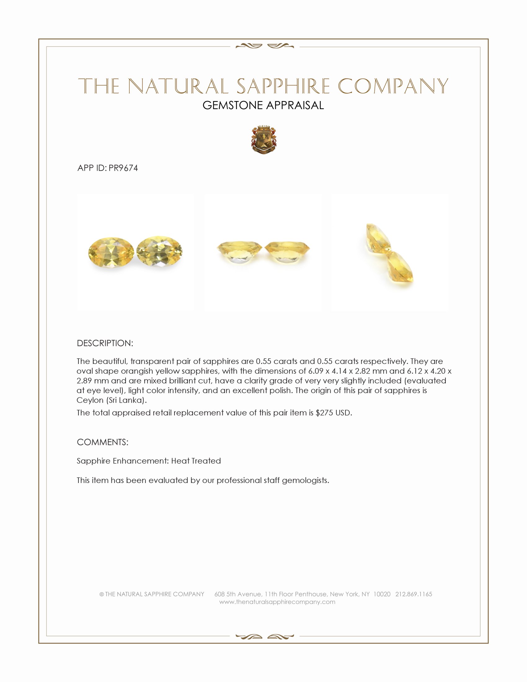 1.10 Ct.Tw. Orangish Yellow Sapphire Pair from Ceylon (Sri Lanka)