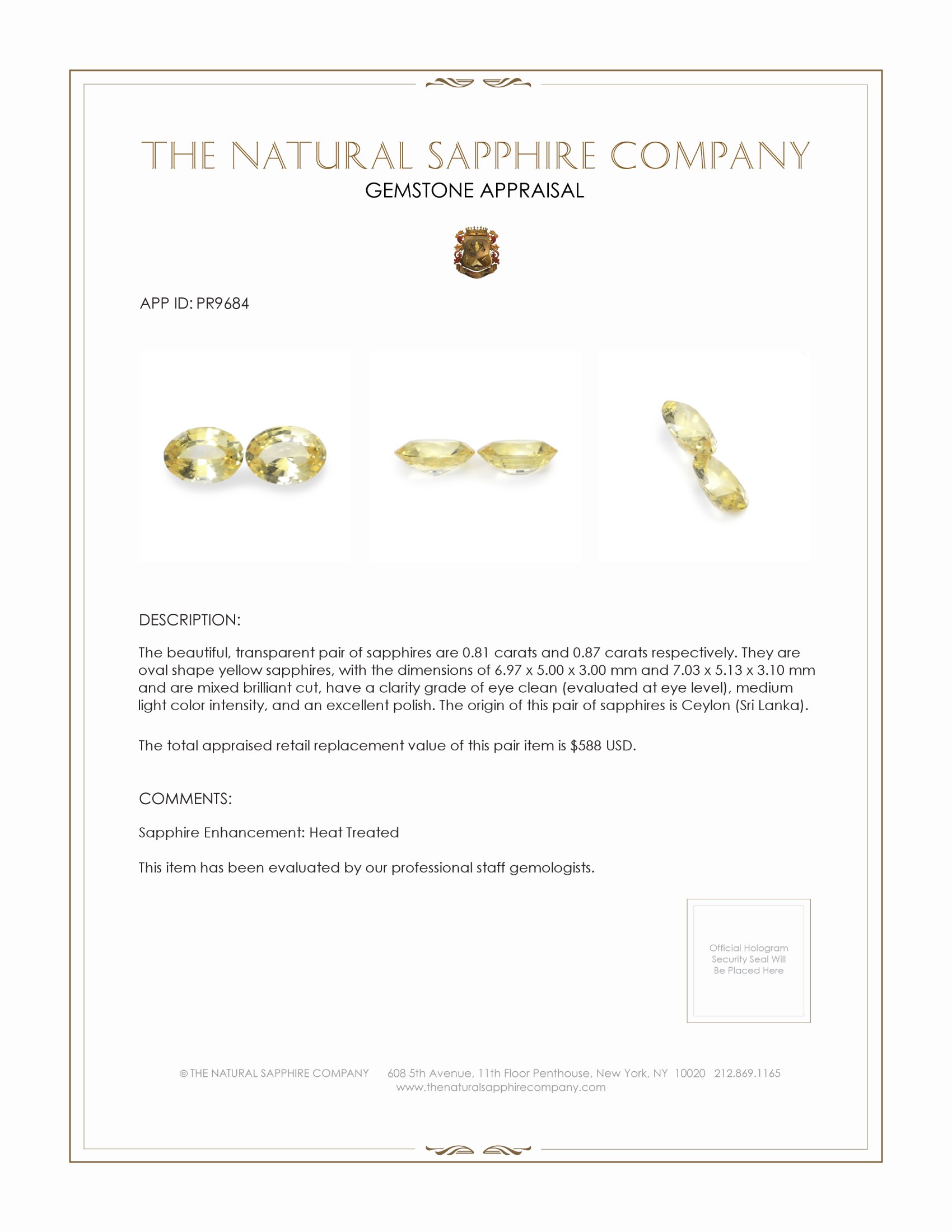 1.68 Ct.Tw. Yellow Sapphire Pair from Ceylon (Sri Lanka)