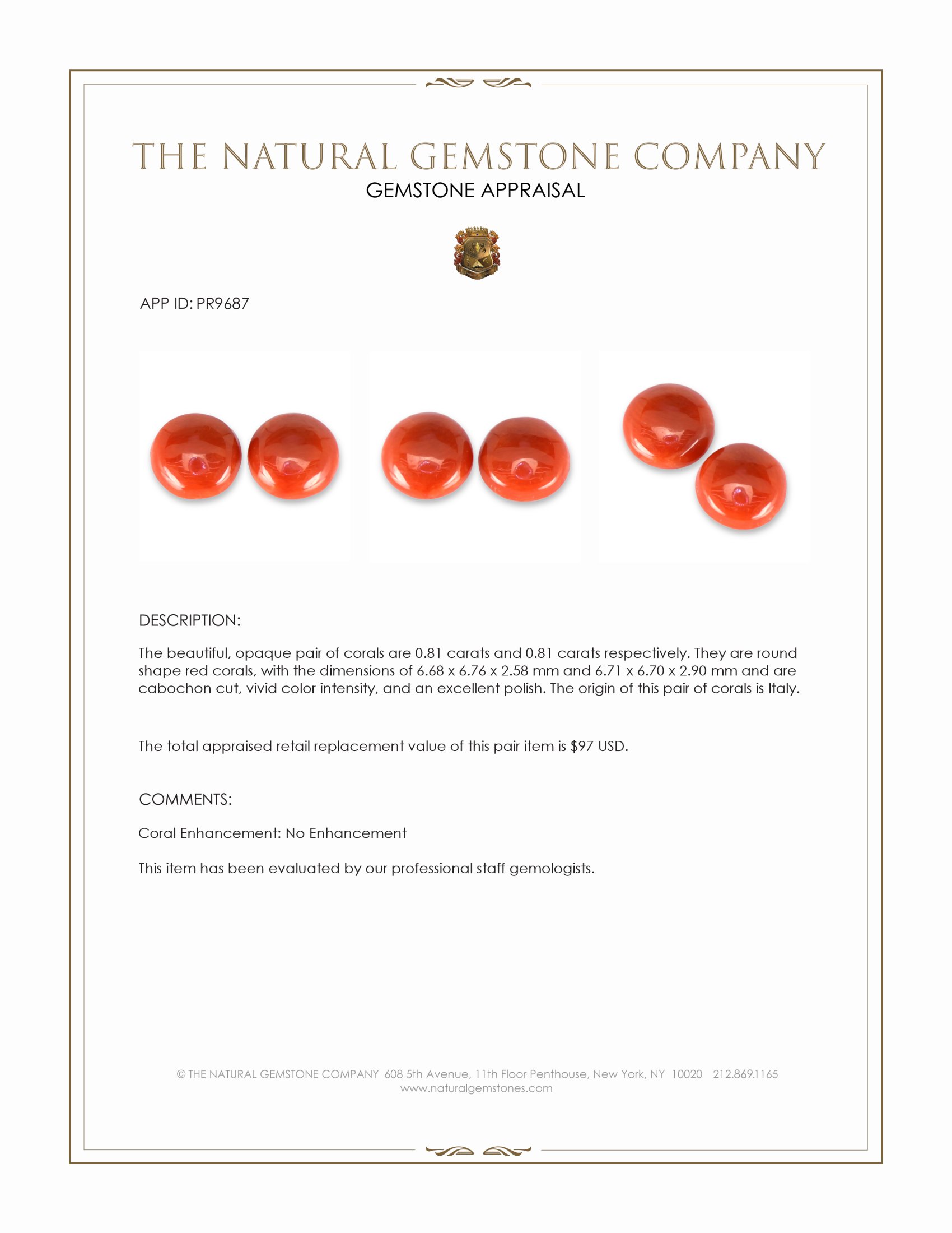 1.62 Ct.Tw. Cabochon Coral Pair from Italy