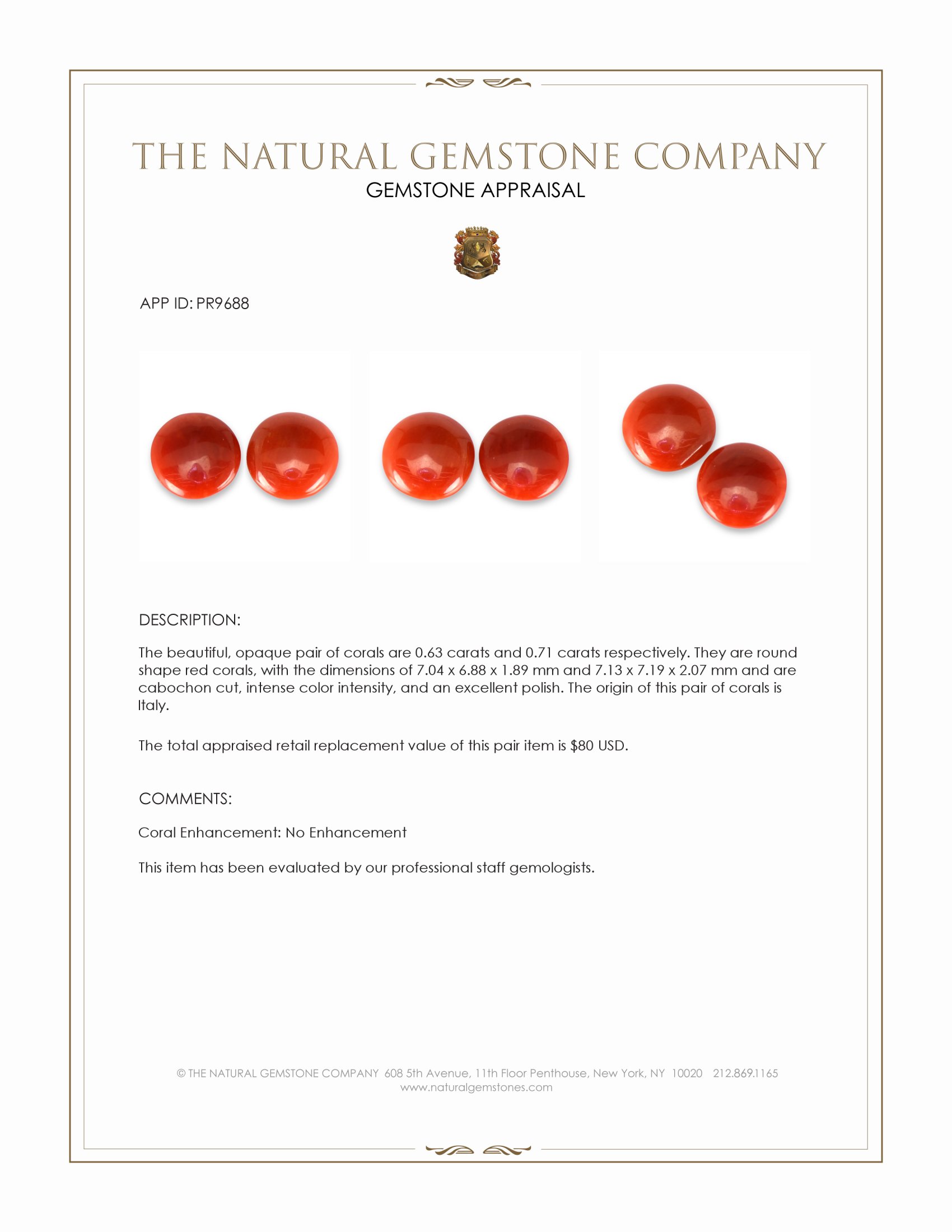 1.34 Ct.Tw. Cabochon Coral Pair from Italy