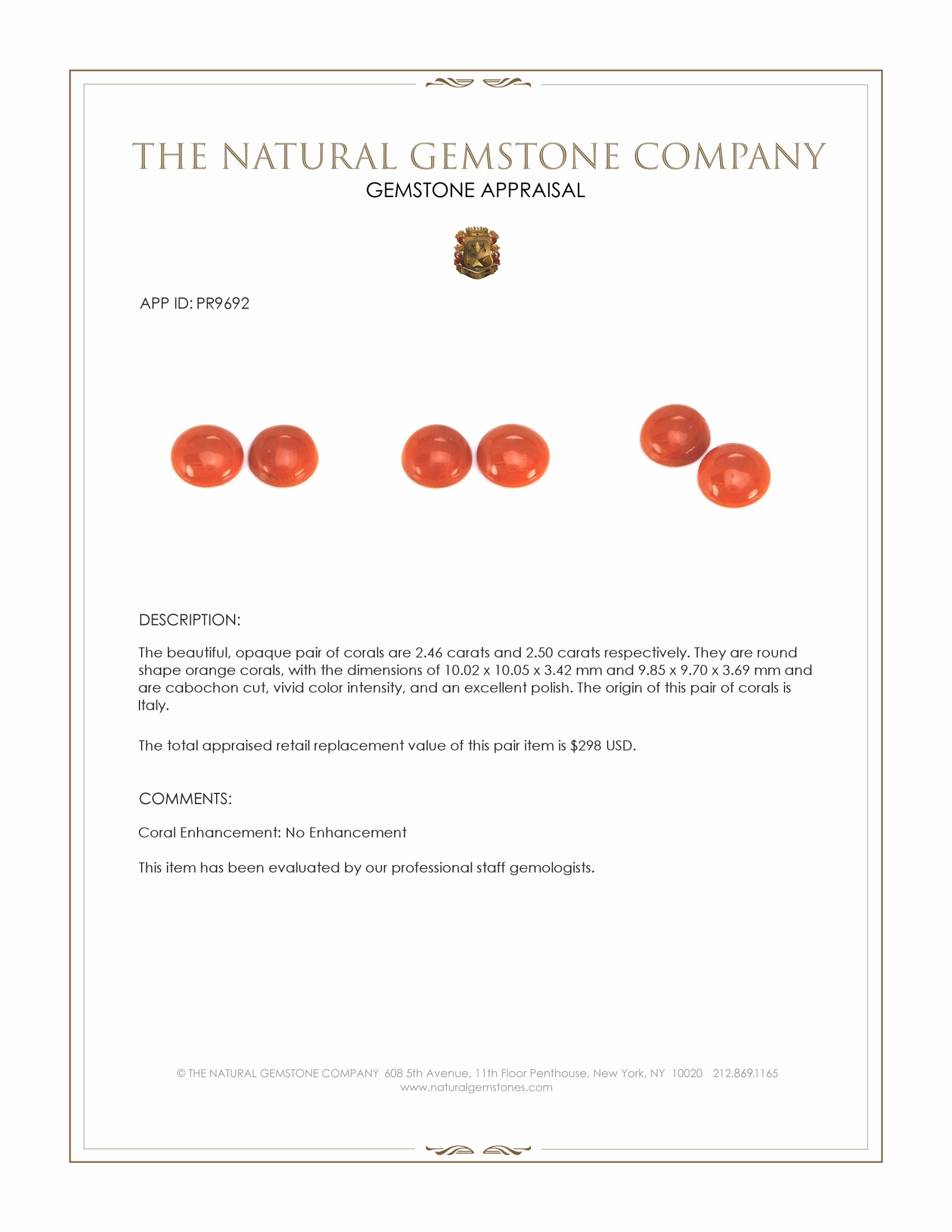 4.96 Ct.Tw. Cabochon Coral Pair from Italy