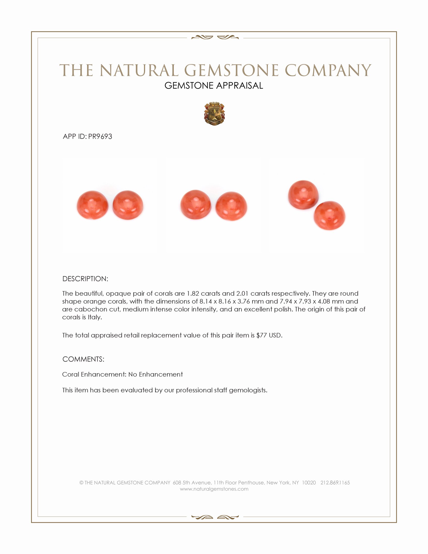 3.83 Ct.Tw. Cabochon Coral Pair from Italy