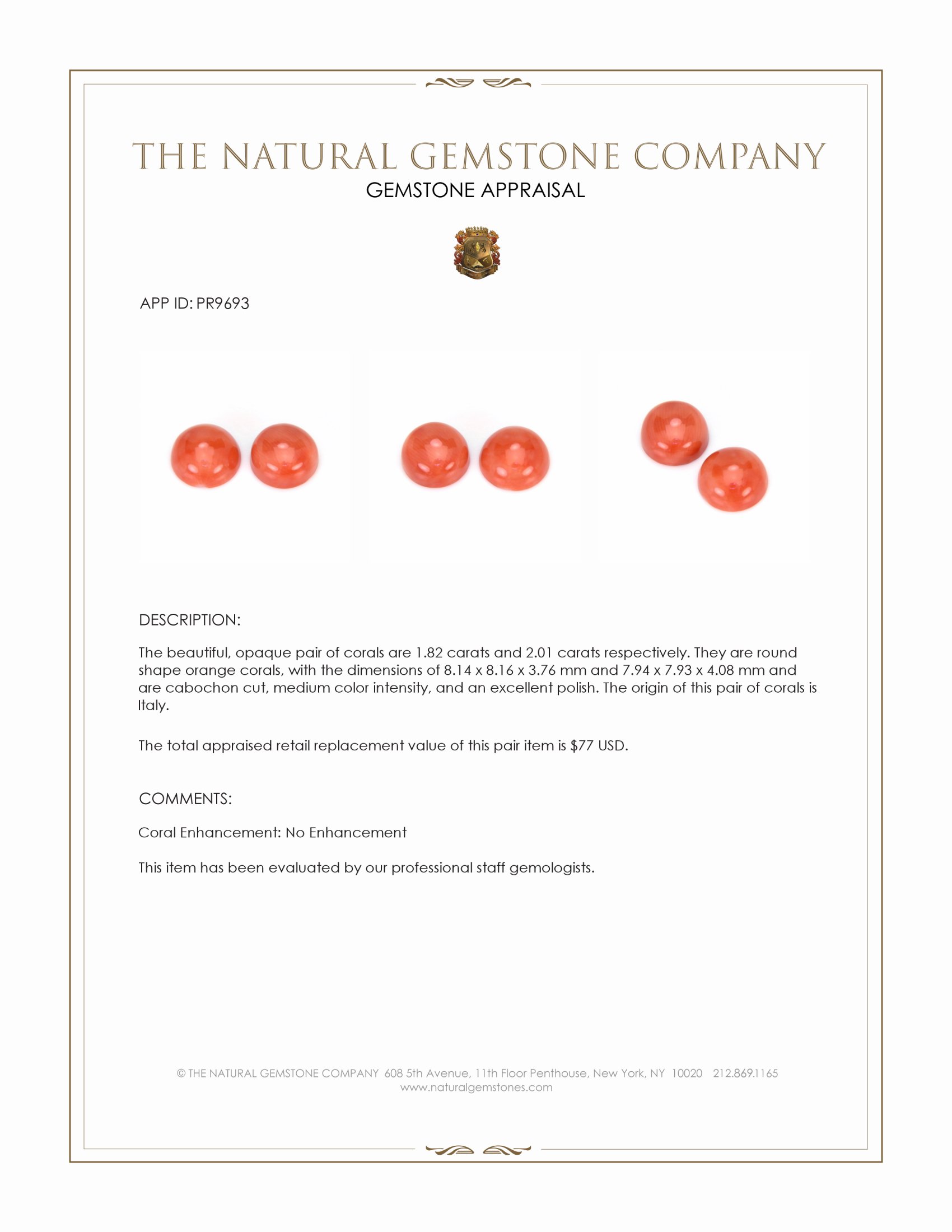 3.83 Ct.Tw. Cabochon Coral Pair from Italy