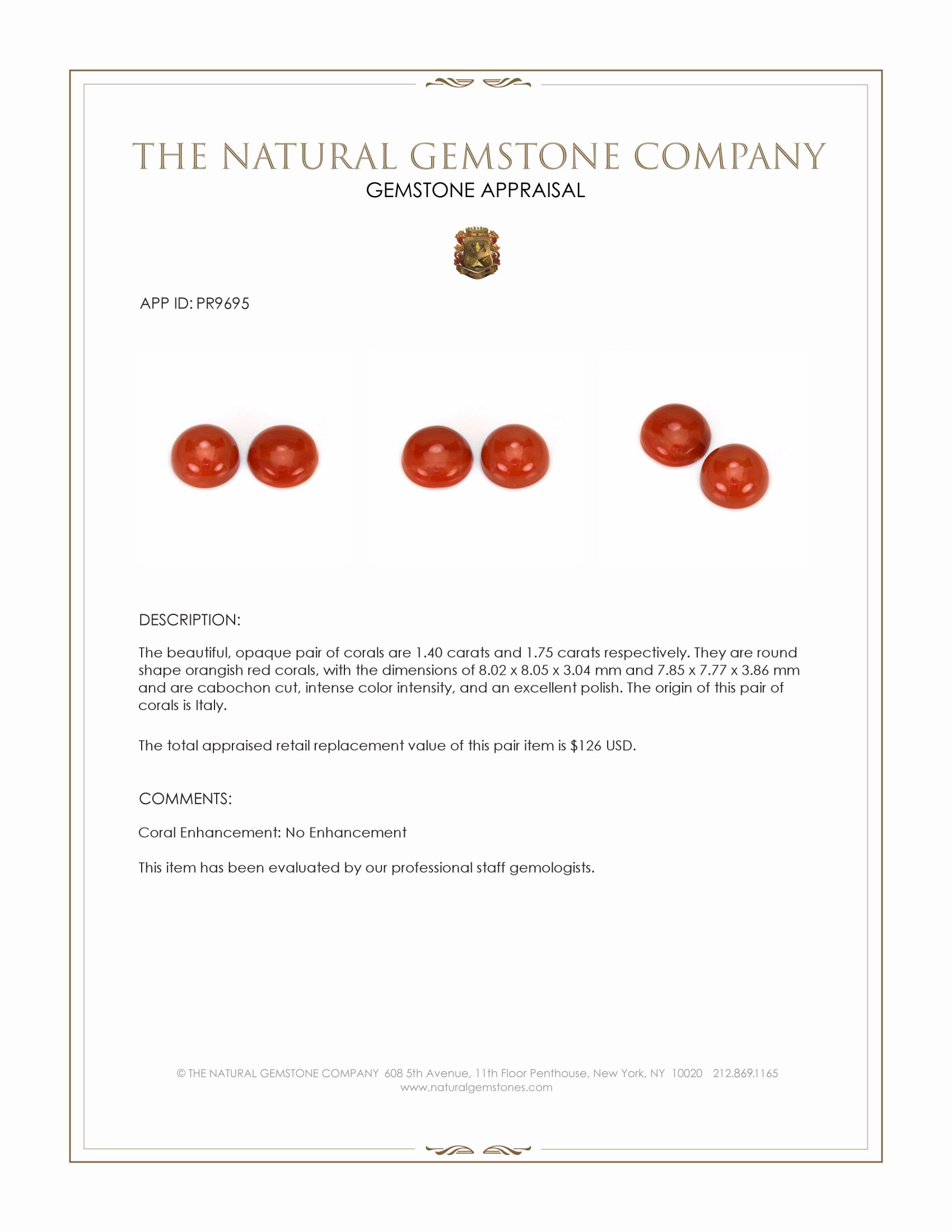 3.15 Ct.Tw. Cabochon Coral Pair from Italy