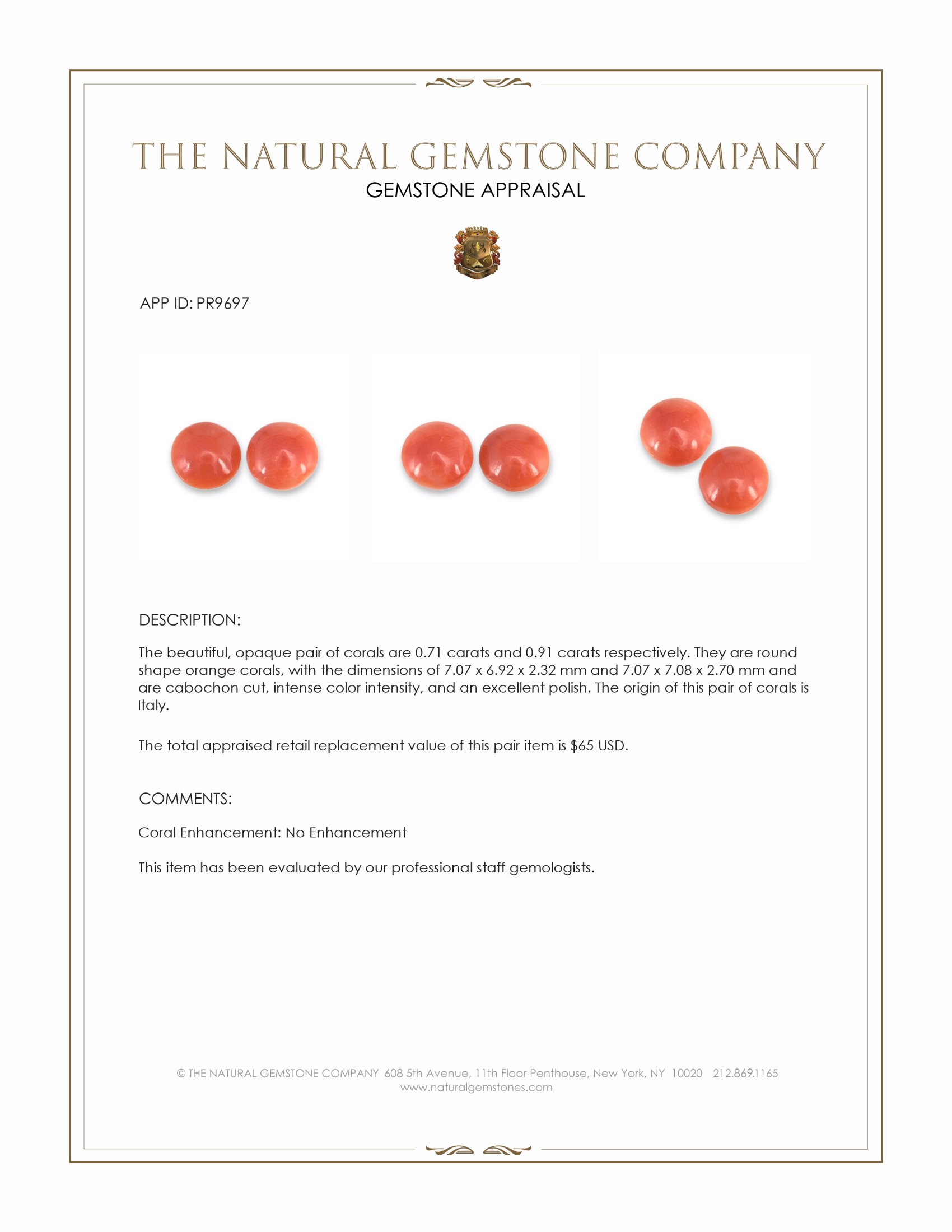 1.62 Ct.Tw. Salmon (Orange) Cabochon Coral Pair from Italy