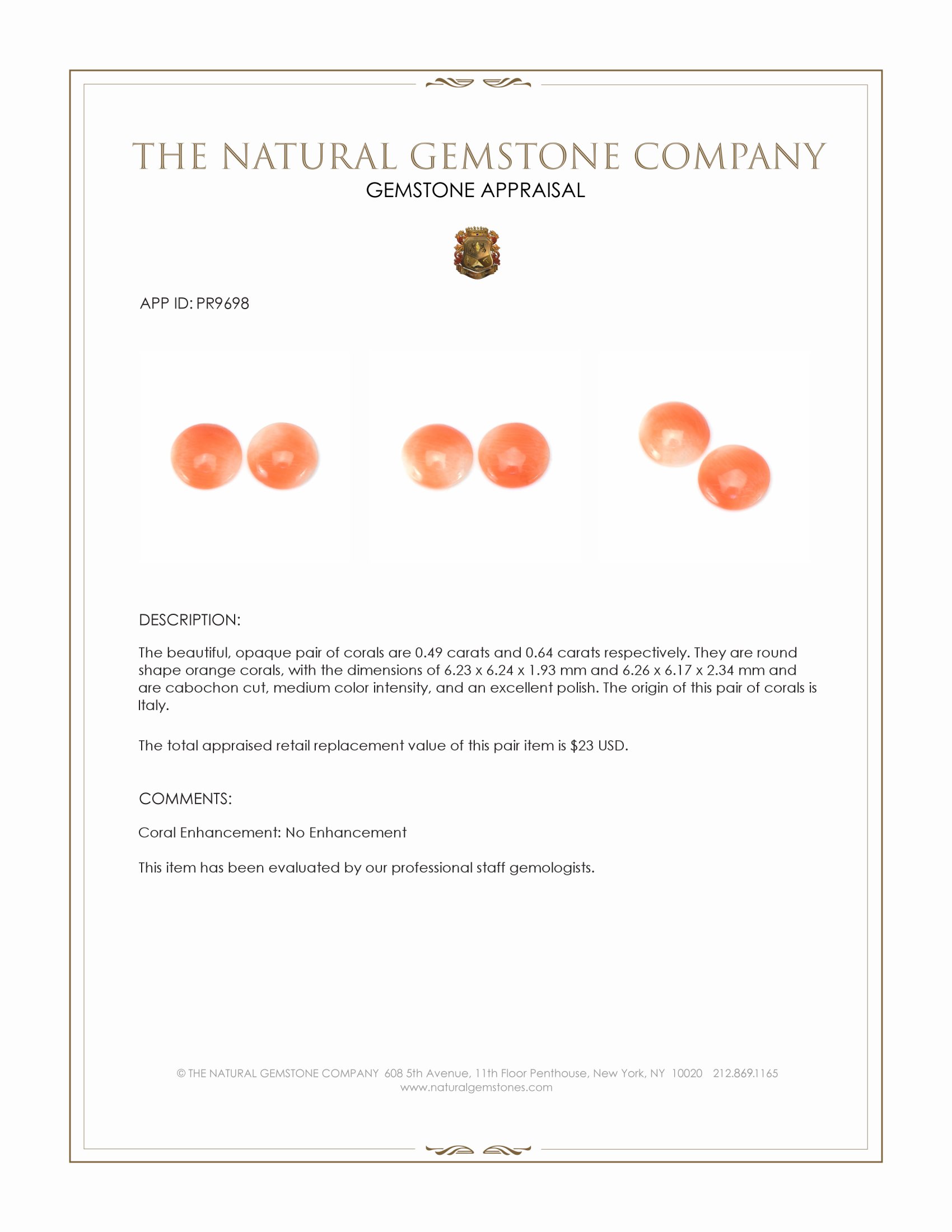 1.13 Ct.Tw. Cabochon Coral Pair from Italy