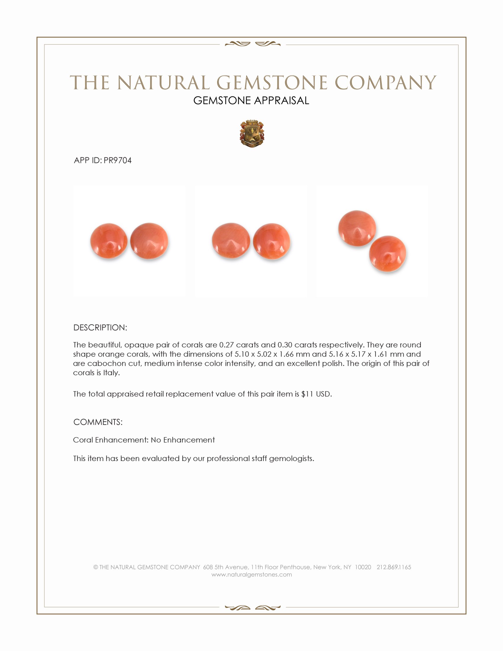 0.57 Ct.Tw. Salmon (Orange) Cabochon Coral Pair from Italy