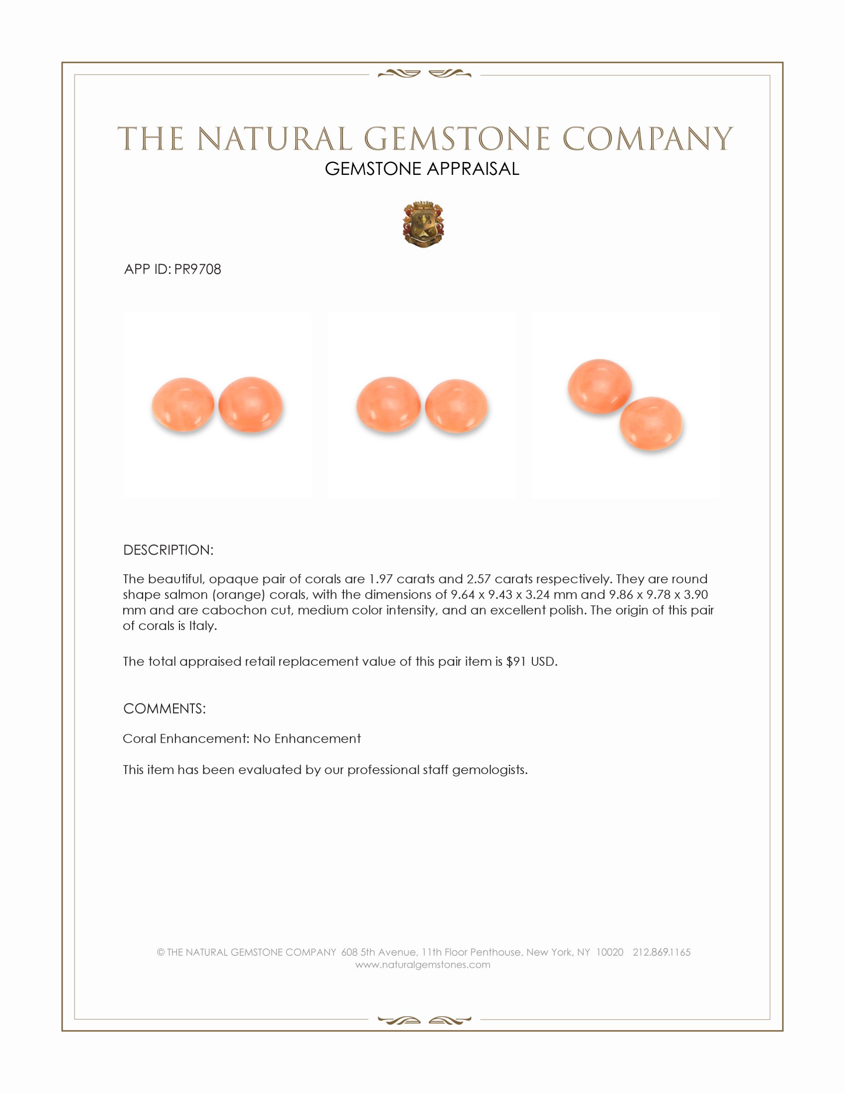 4.54 Ct.Tw. Salmon (Orange) Cabochon Coral Pair from Italy