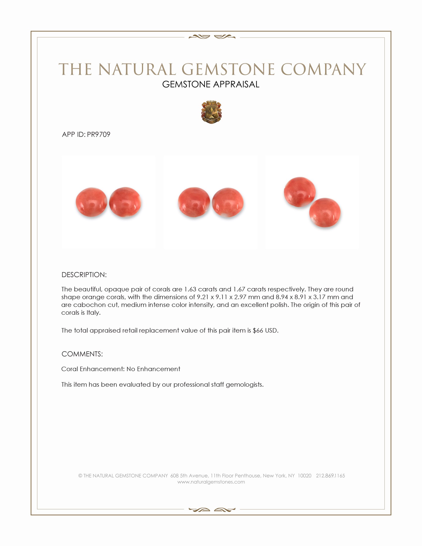 3.30 Ct.Tw. Salmon (Orange) Cabochon Coral Pair from Italy