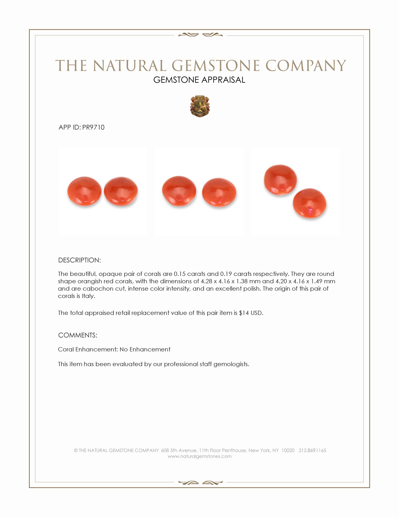 0.34 Ct.Tw. Cabochon Coral Pair from Italy