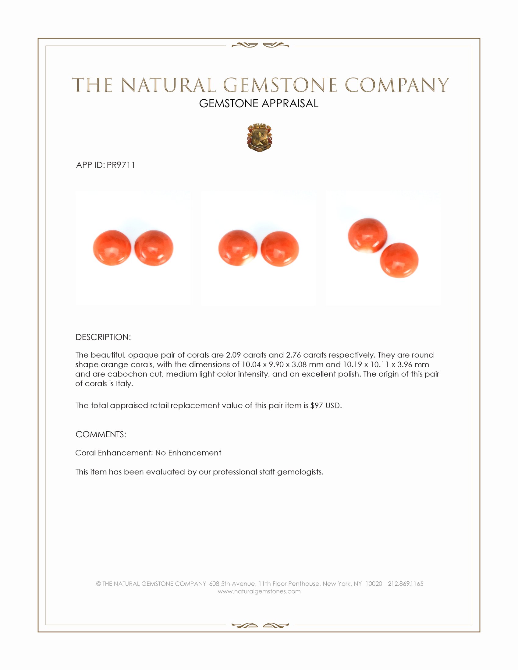 4.85 Ct.Tw. Salmon (Orange) Cabochon Coral Pair from Italy