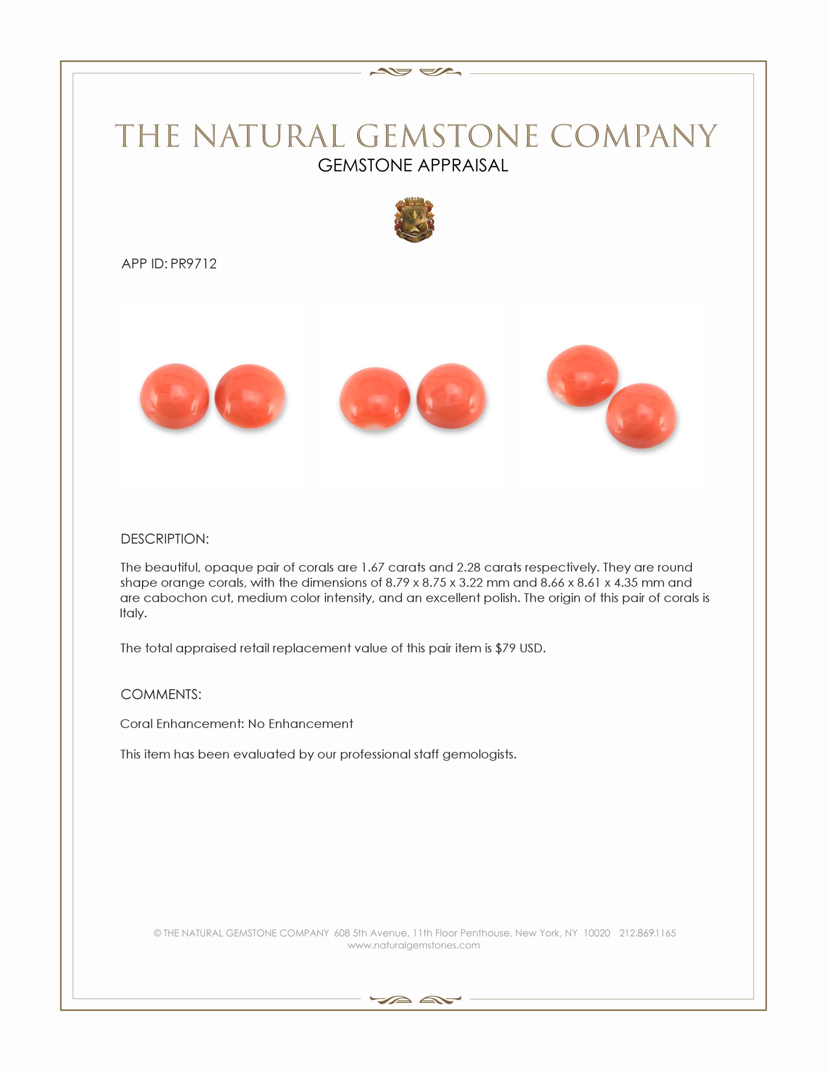 3.95 Ct.Tw. Salmon (Orange) Cabochon Coral Pair from Italy