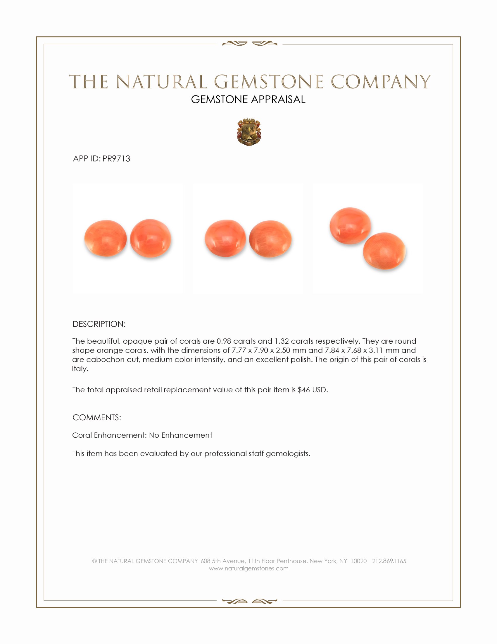 2.30 Ct.Tw. Salmon (Orange) Cabochon Coral Pair from Italy