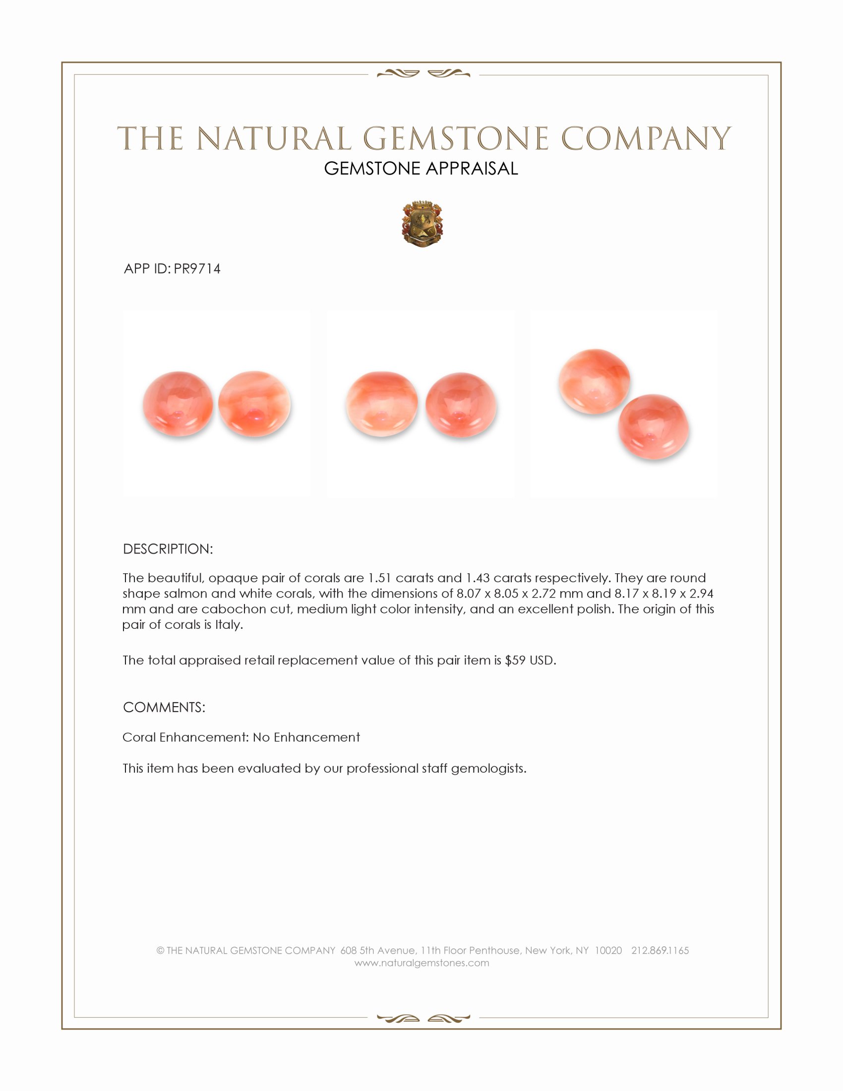 2.94 Ct.Tw. Cabochon Coral Pair from Italy