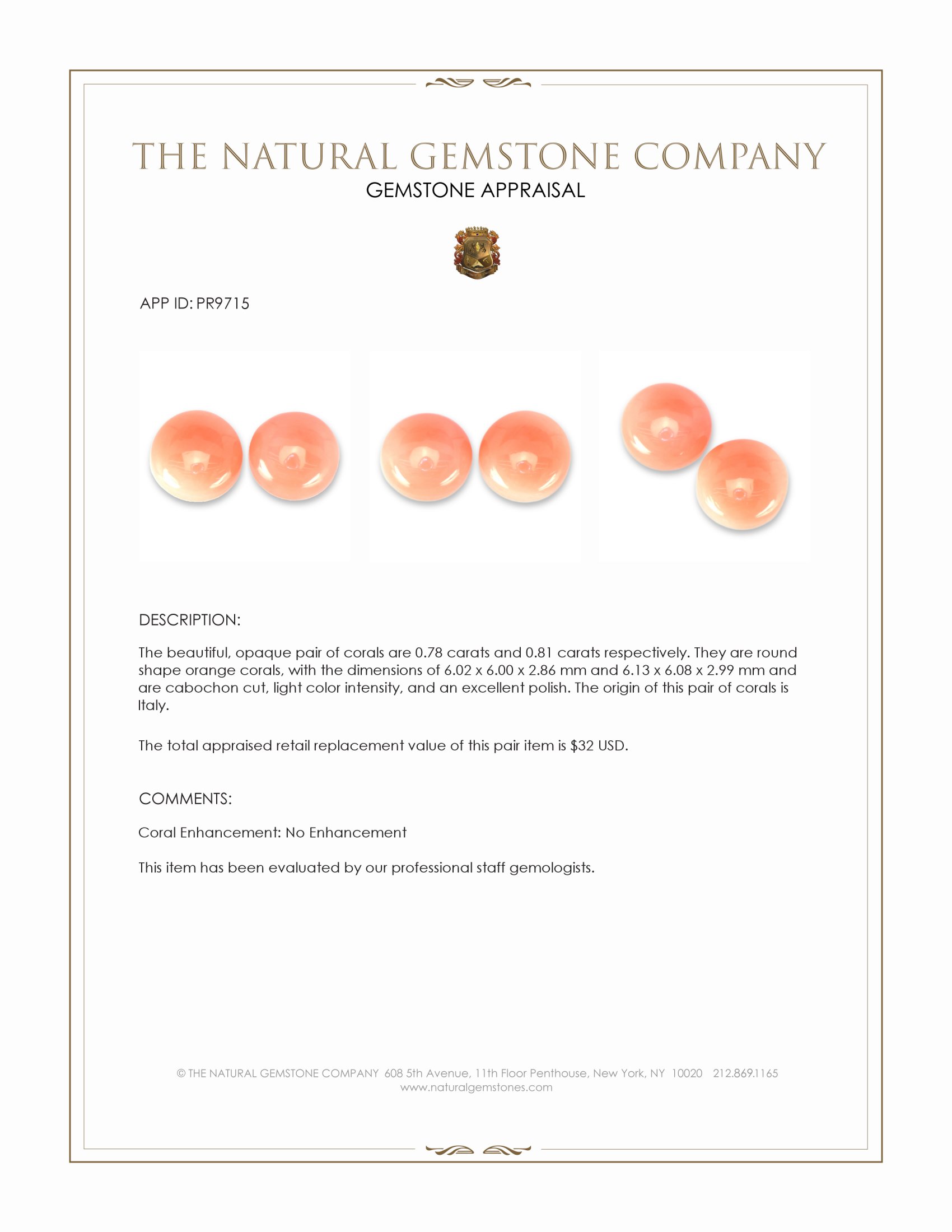 1.59 Ct.Tw. Cabochon Coral Pair from Italy